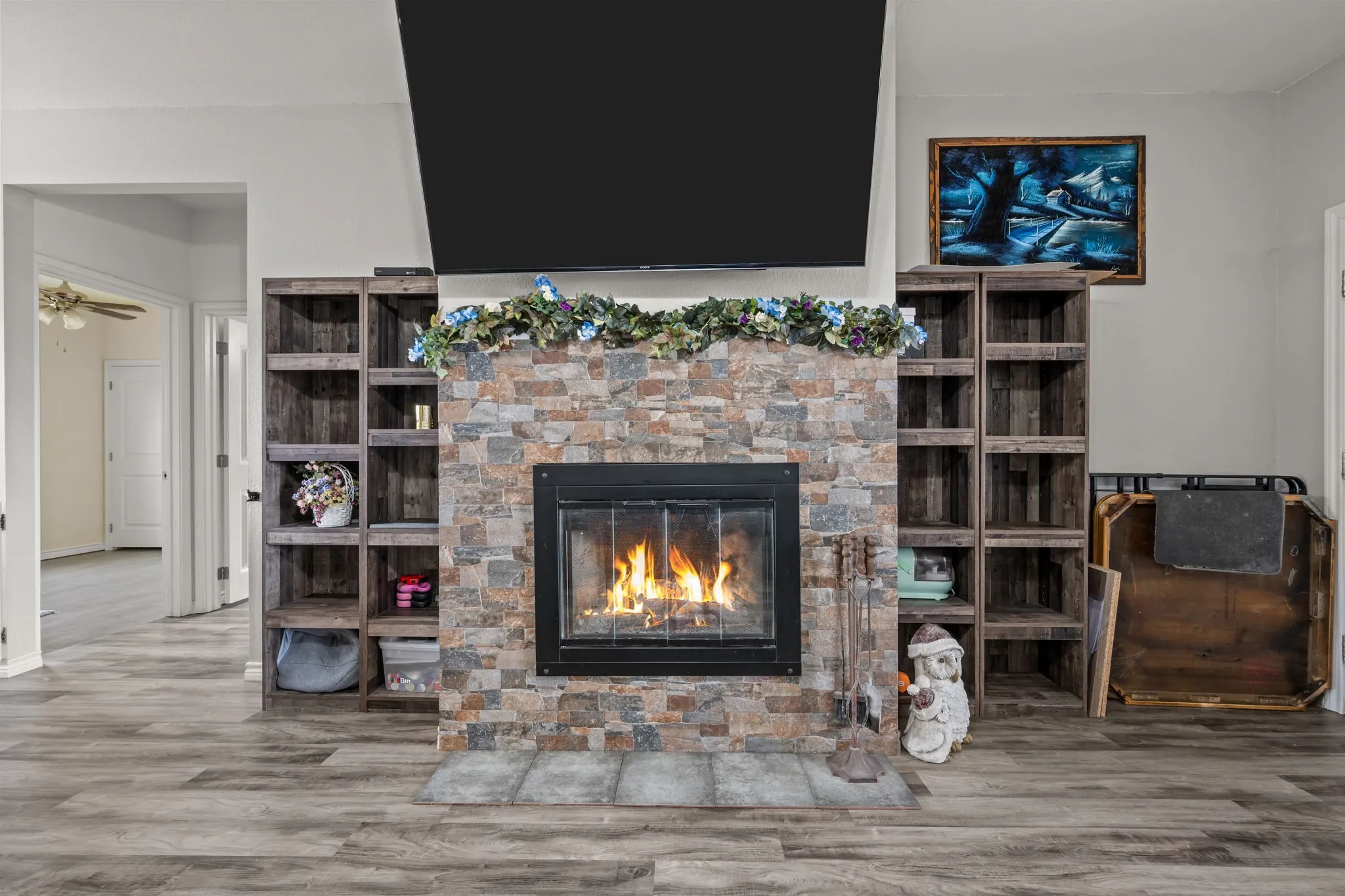 Stone fireplace