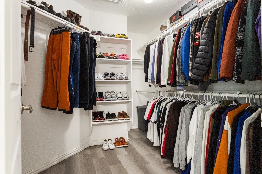 Walk-in closet with multi-level shelving, integrated hanging rods, and wood-finish flooring