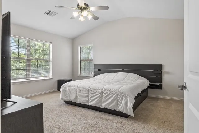 Vaulted ceiling with an attached ceiling fan, dual windows with blinds, and neutral carpeting