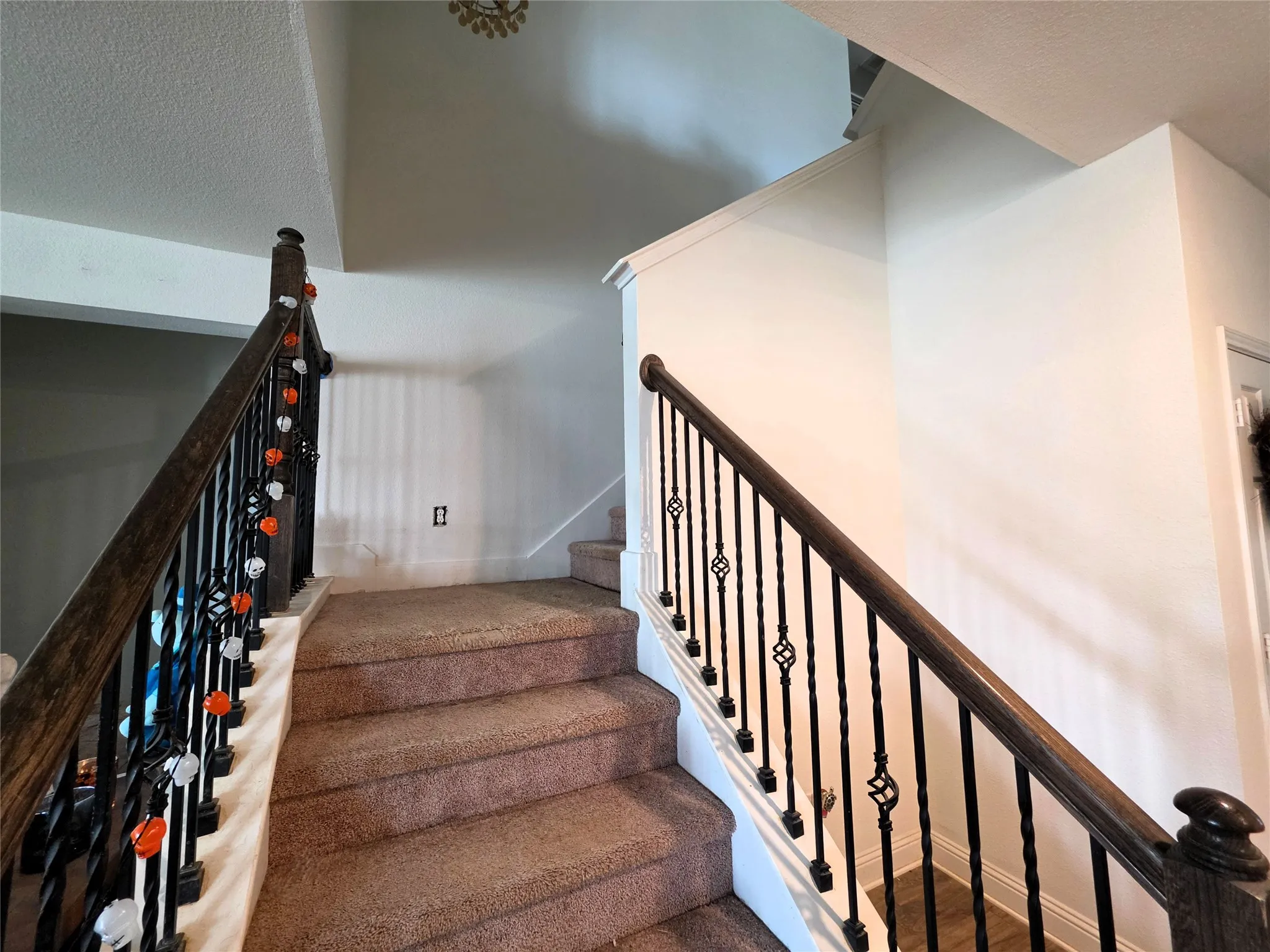 Staircase featuring wood-finish handrails, wrought iron balusters, and carpeted treads