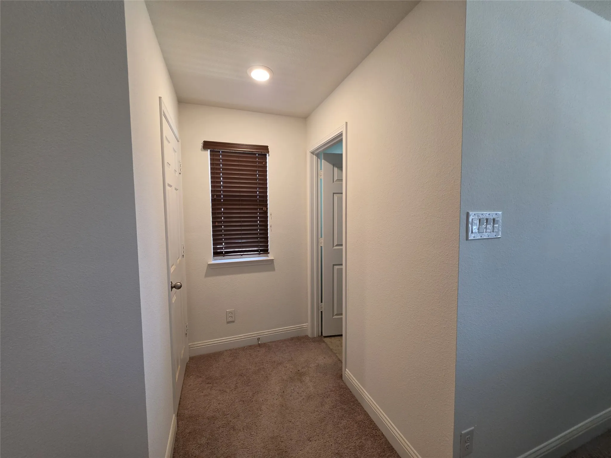 Recessed ceiling lighting, window with wood-finish blinds, light brown carpeting, white trim, and doors with round silver-tone hardware