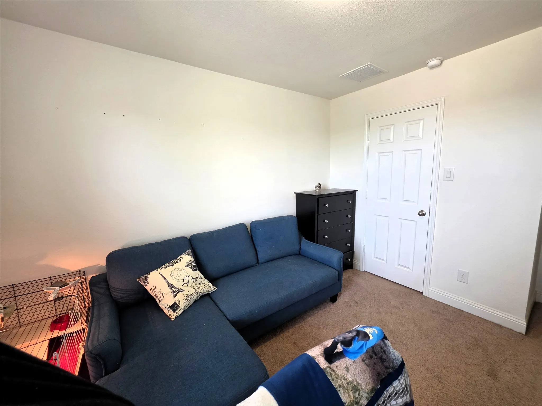 Carpeted flooring, white walls, white trim, white six-panel door, and a ceiling-mounted smoke detector