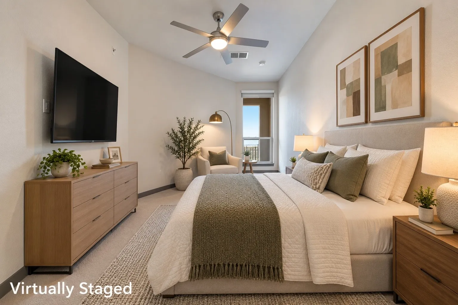 Vaulted ceiling with ceiling fan, wall-mounted television, and a window offering natural light
