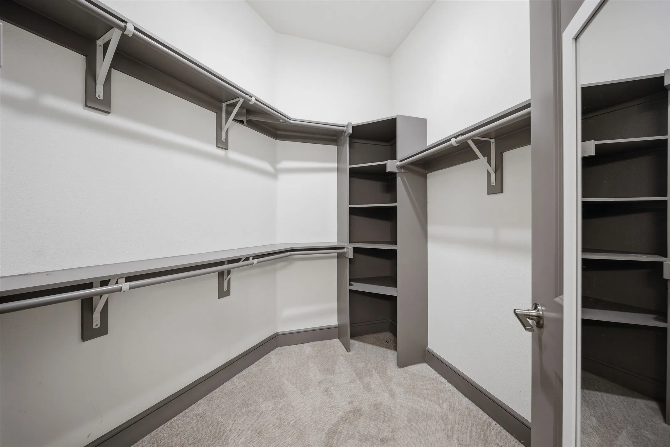 Walk-in closet with carpet flooring, extensive shelving, and multiple hanging rods