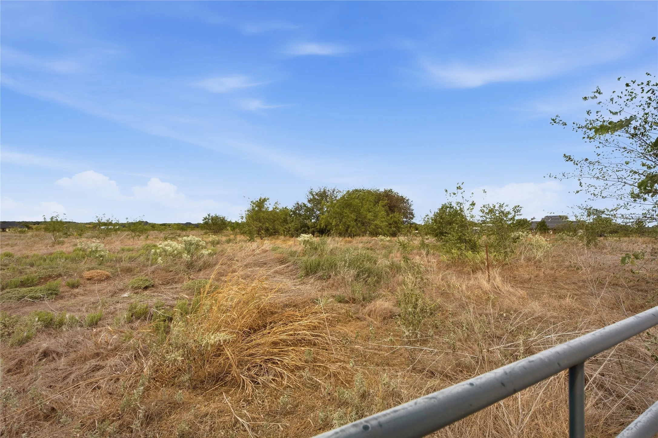 Expansive land with natural vegetation and mature trees, featuring a metal railing