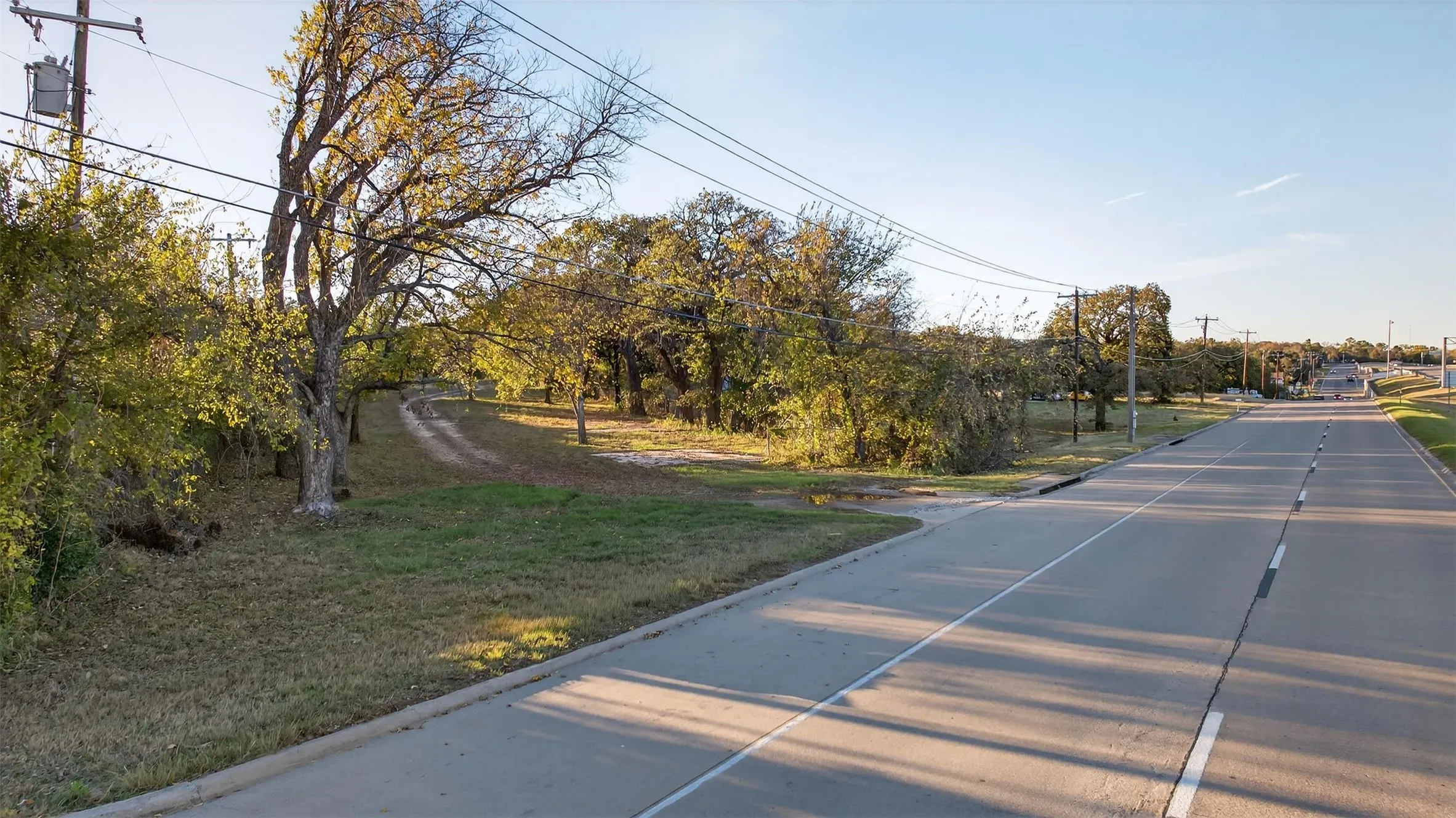Paved roadway with white lane markings, bordered by a concrete curb and grassy areas featuring mature trees