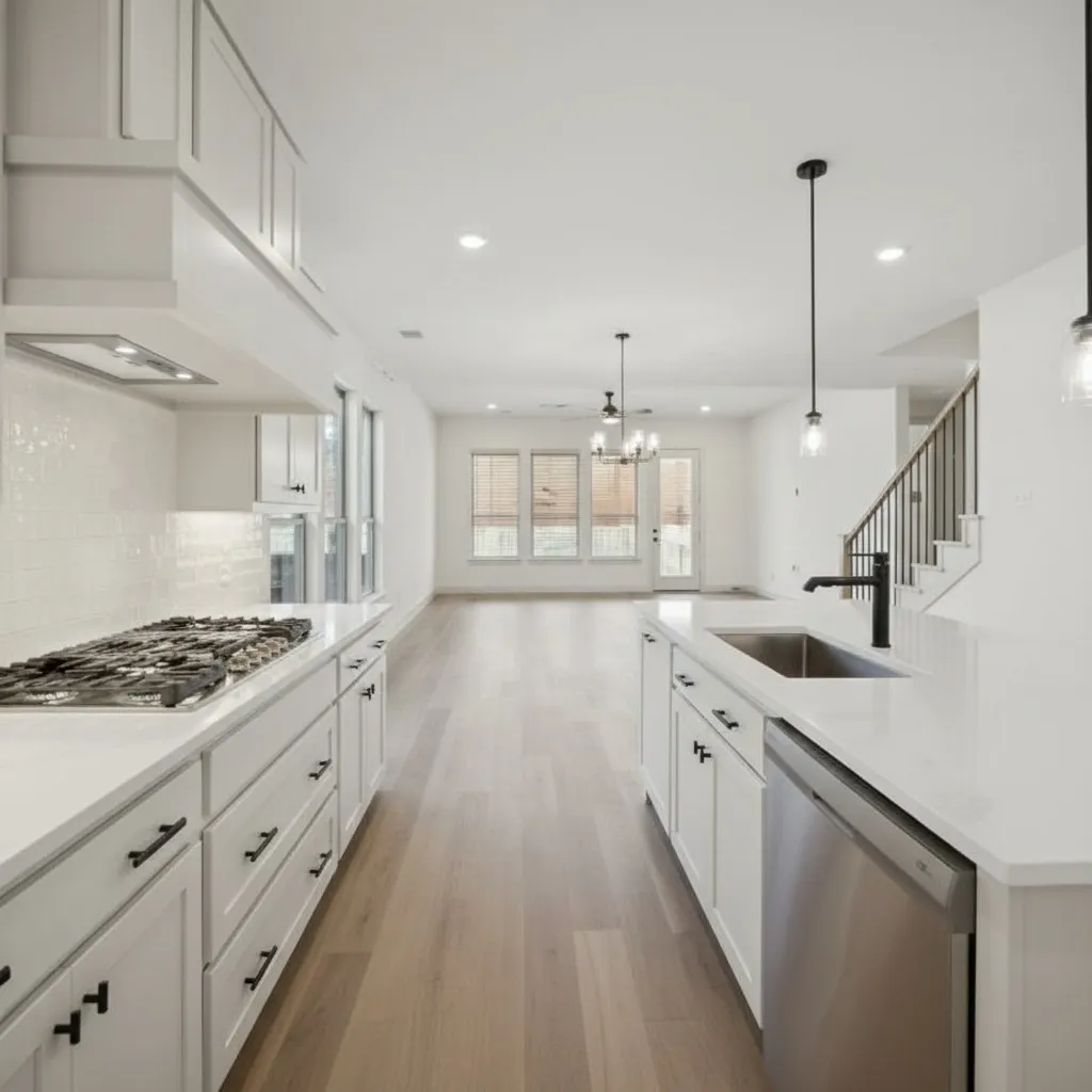 Contemporary kitchen featuring white cabinetry, a gas range with a built-in hood, white subway tile backsplash, and light wood-finish flooring