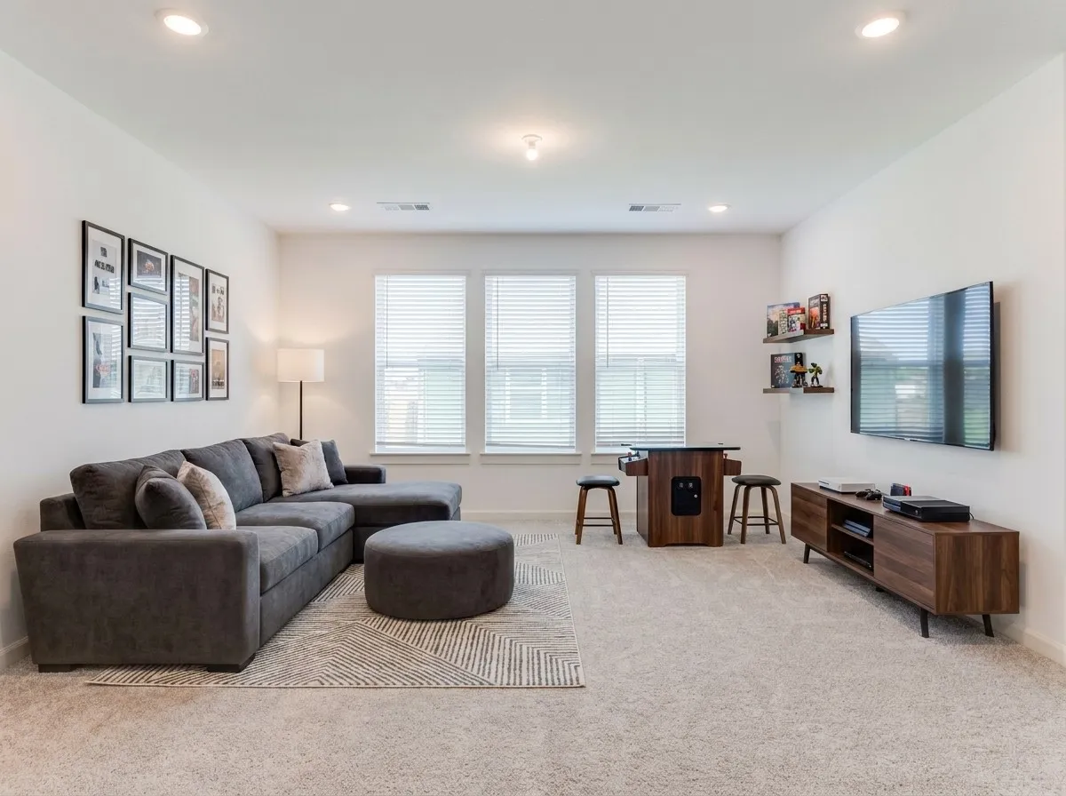 Recessed lighting, light-colored walls, carpeted flooring, three windows with blinds, and built-in shelving