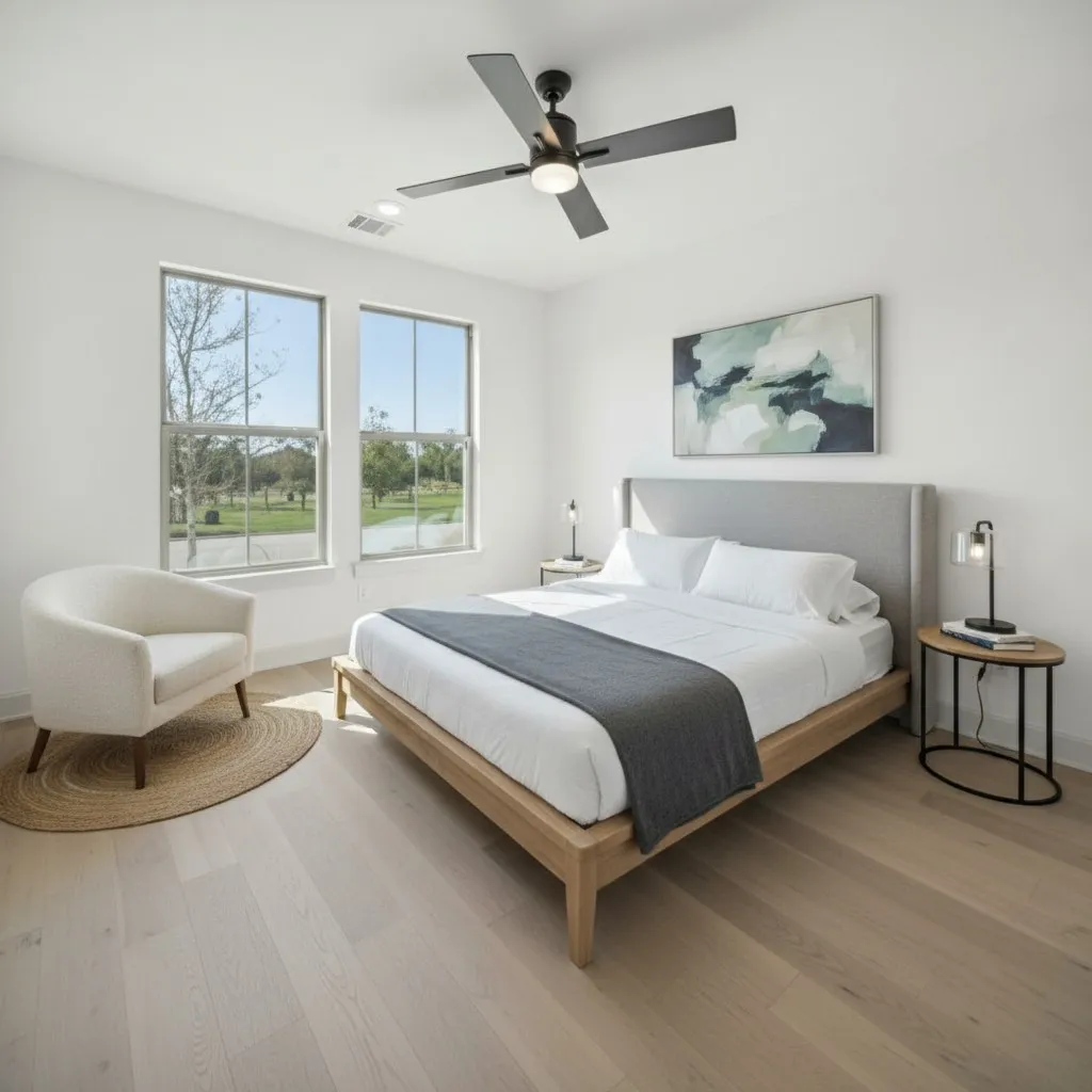 Light wood-finish flooring with a flush-mounted ceiling fan