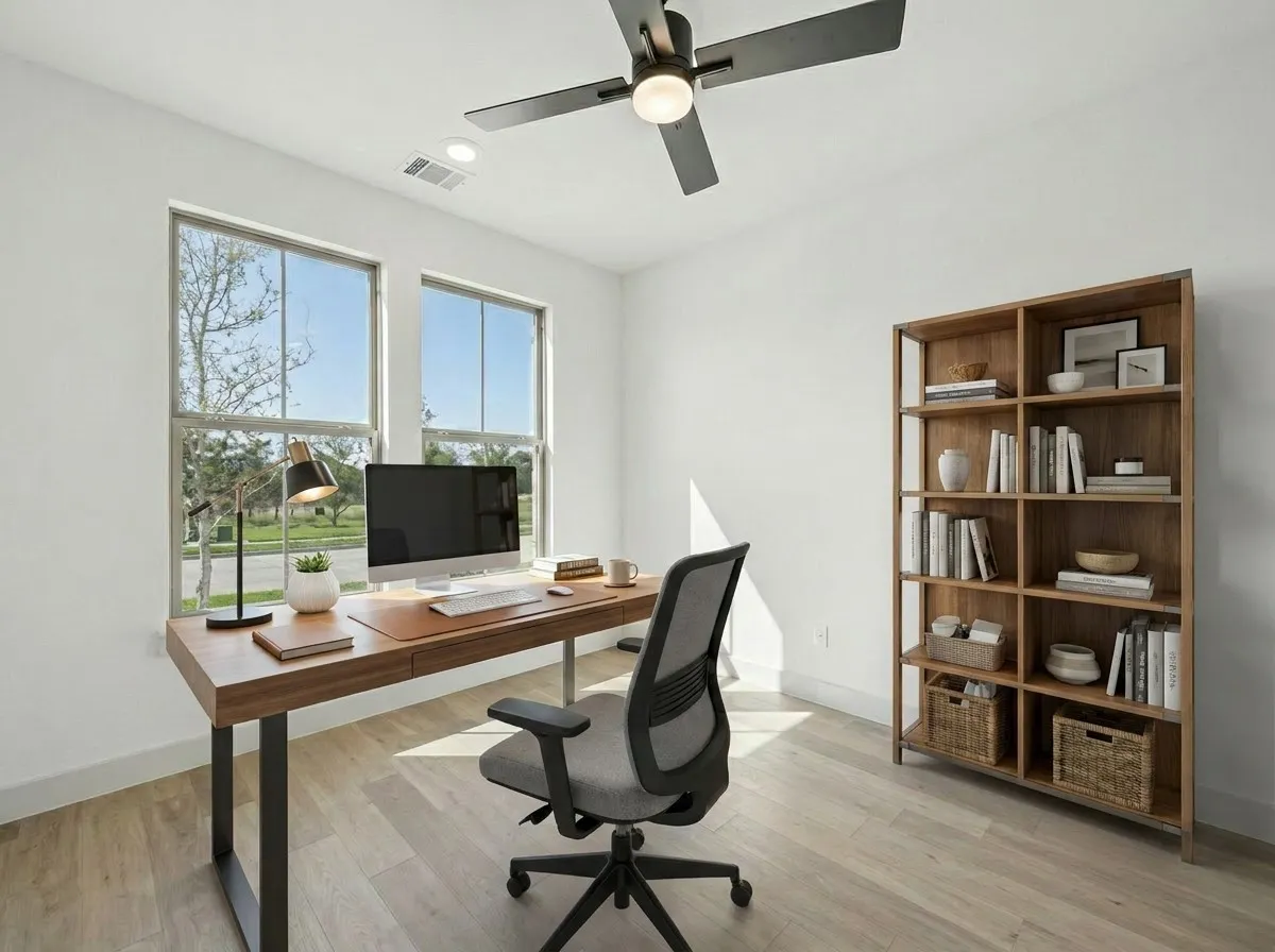 Dual windows, recessed lighting, wood-finish flooring, and a ceiling fan with light fixture