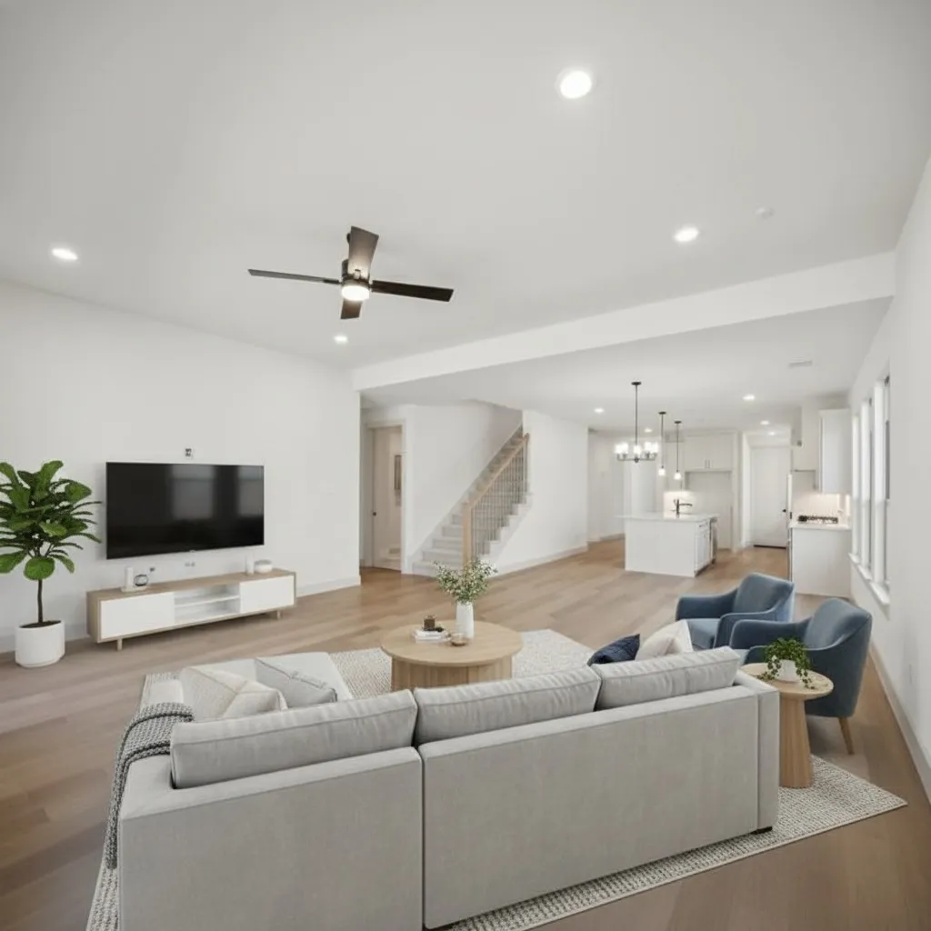 Recessed lighting, wood-finish flooring, ceiling fan, open-concept layout, and staircase with metal balusters