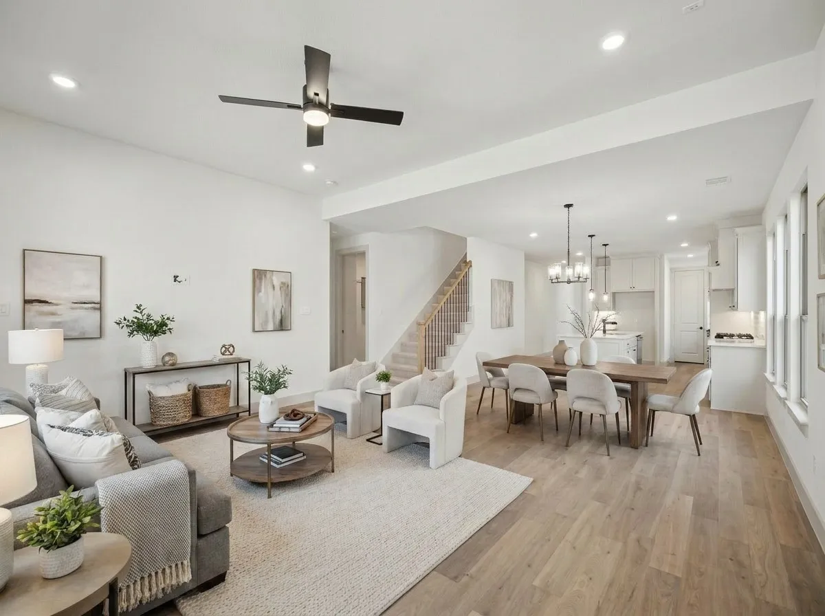 Open-concept living area with wood-finish flooring, recessed lighting, and a modern ceiling fan