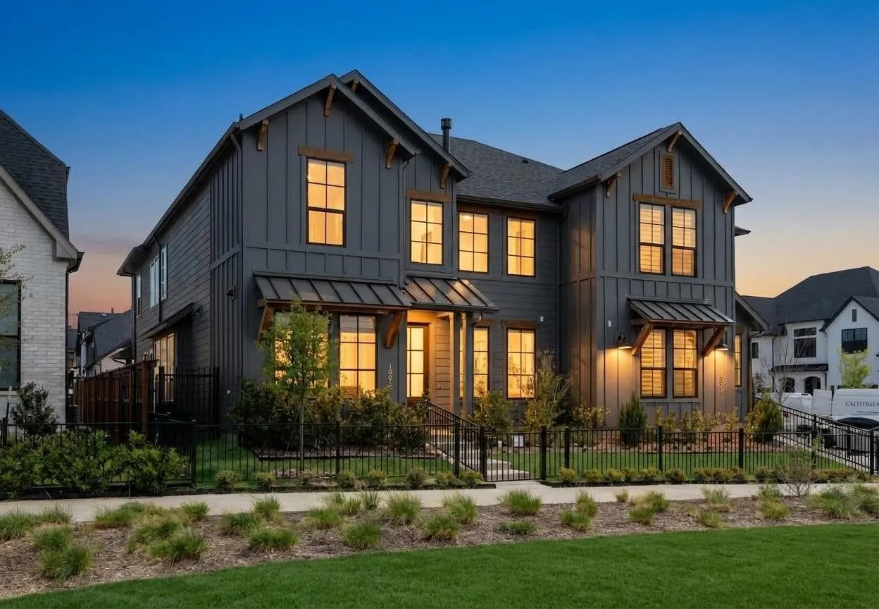 Two-story residence featuring vertical and horizontal siding, a dark shingle roof, and multiple windows