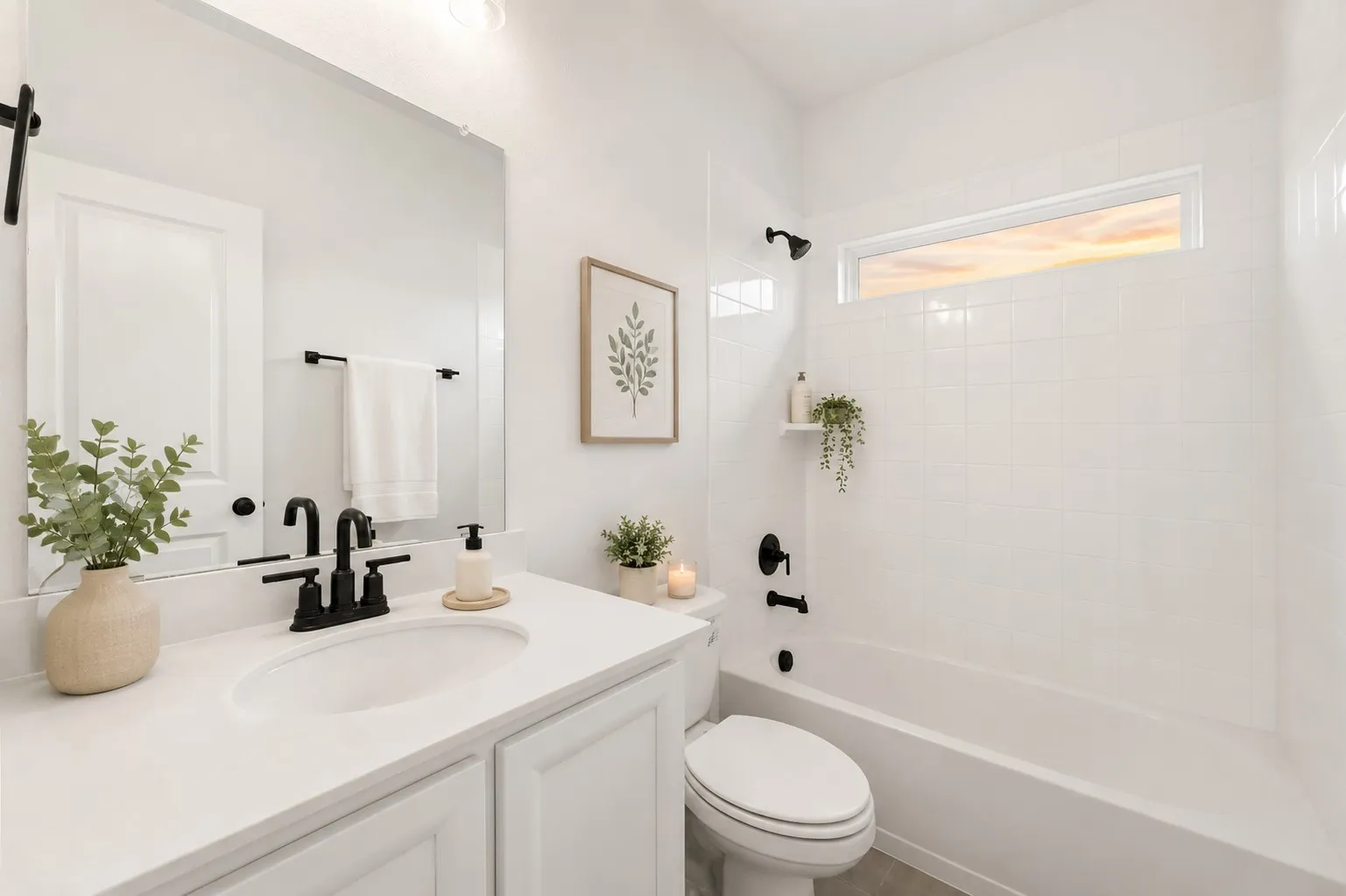 White tiled tub and shower combination with a high transom window, featuring matte black fixtures and a built-in shelf