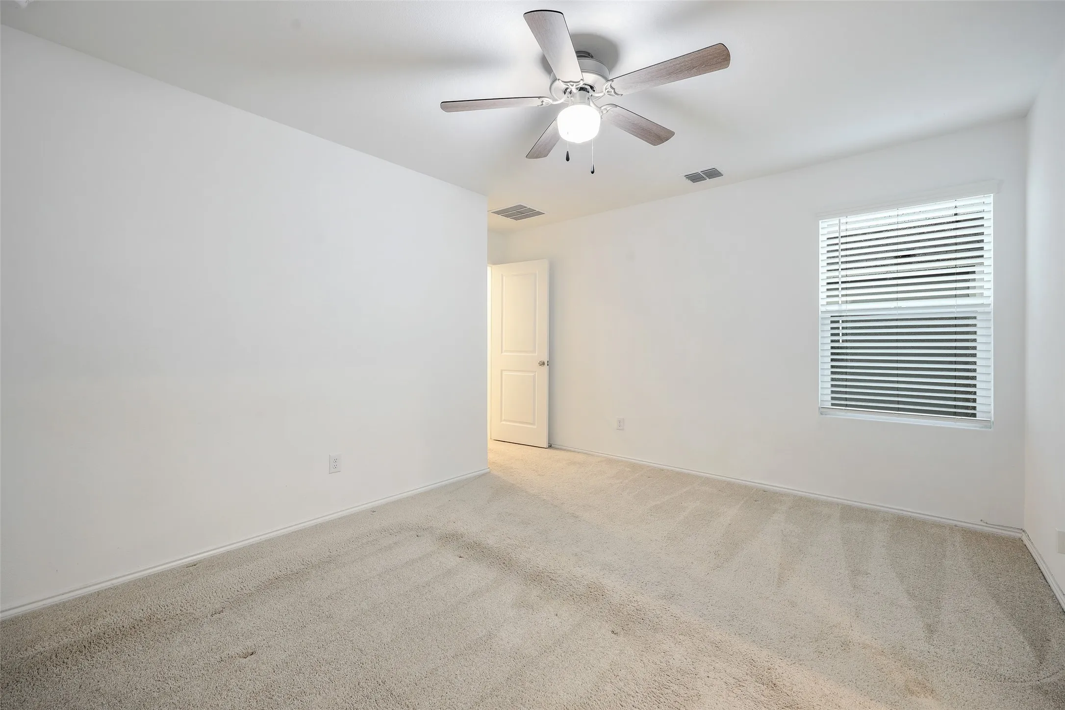 Neutral wall paint and carpeting throughout