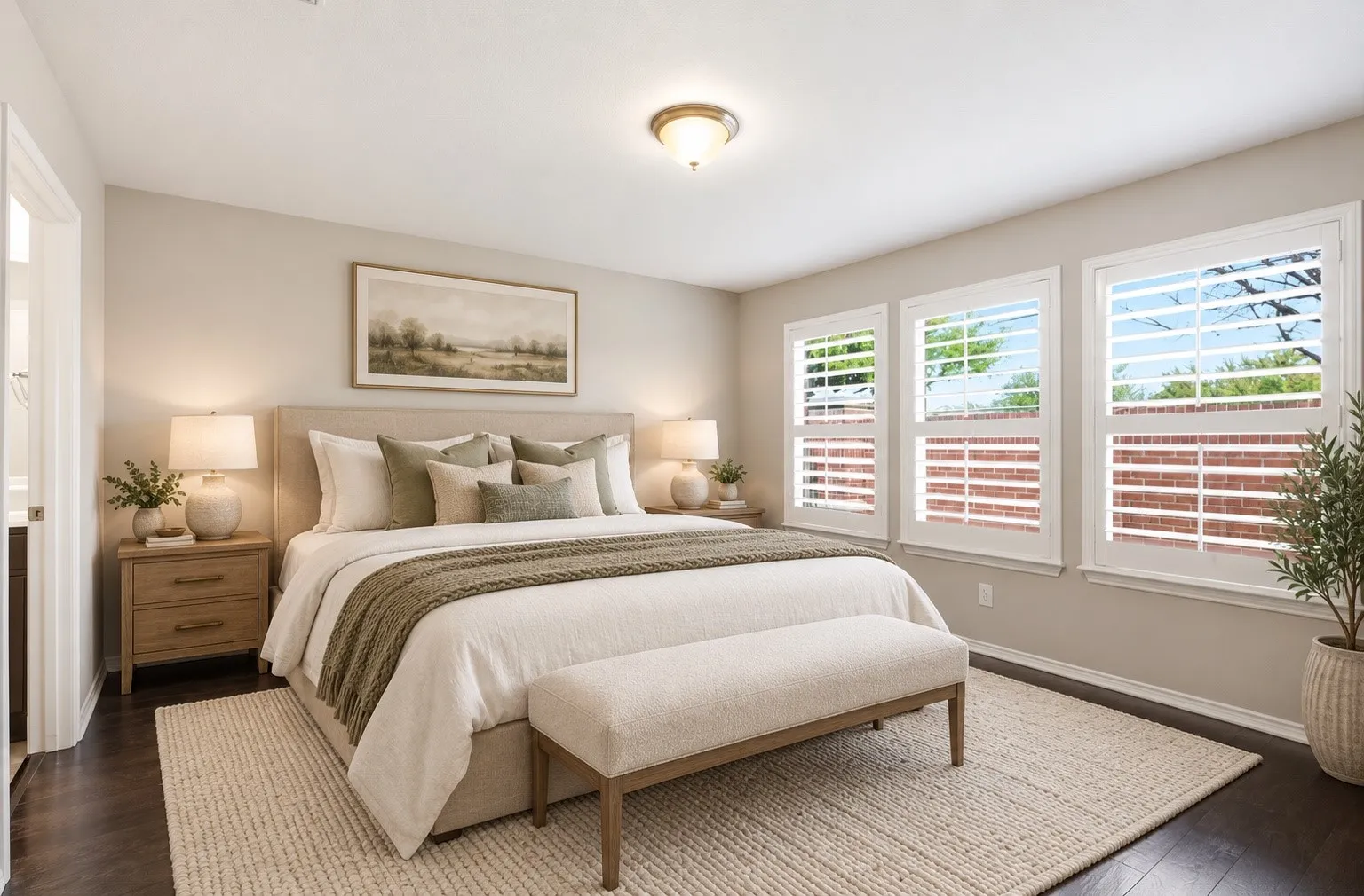 Dark wood-finish flooring, three windows with white shutters, ceiling-mounted fixture, and light neutral wall tones