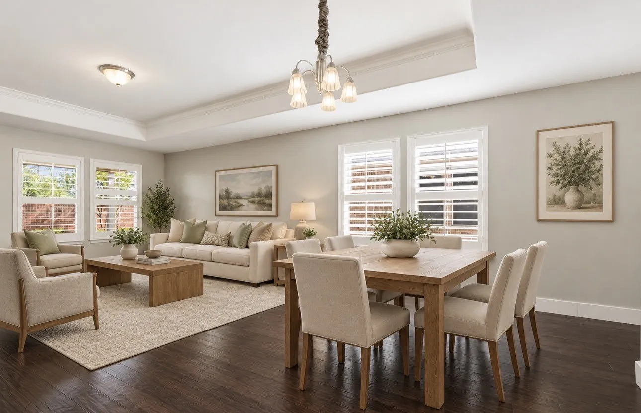 Tray ceiling, dark wood-finish flooring, recessed lighting, white window shutters, and a chandelier