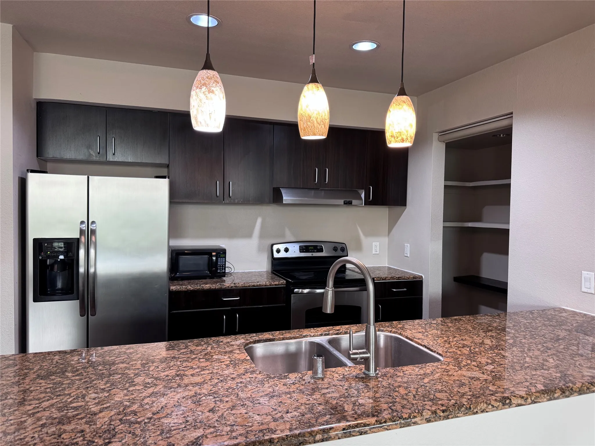 Kitchen featuring stone-finish countertops, dark wood-finish cabinetry, stainless steel appliances, and a built-in pantry with shelving