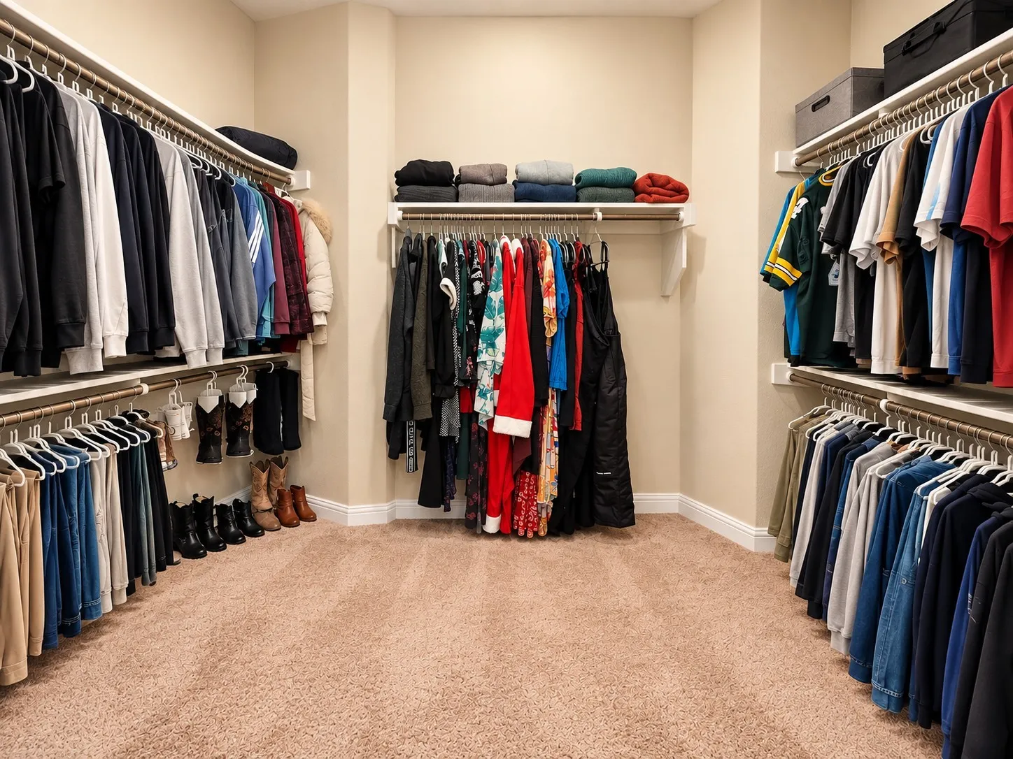 Walk-in closet featuring built-in shelving, multiple hanging rods, and carpet flooring