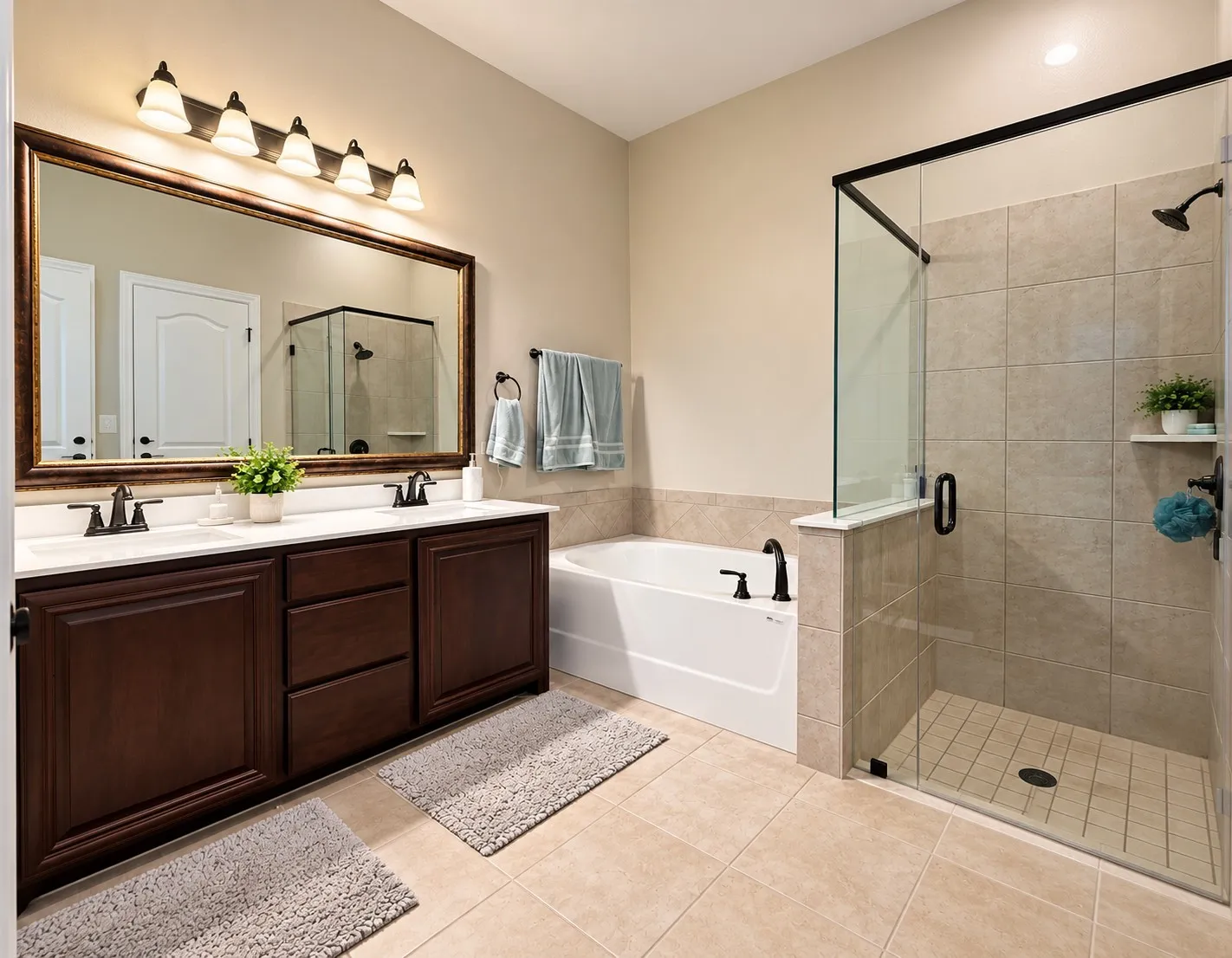 Dual vanity with dark wood-finish cabinetry, white countertops, and bronze-finish fixtures