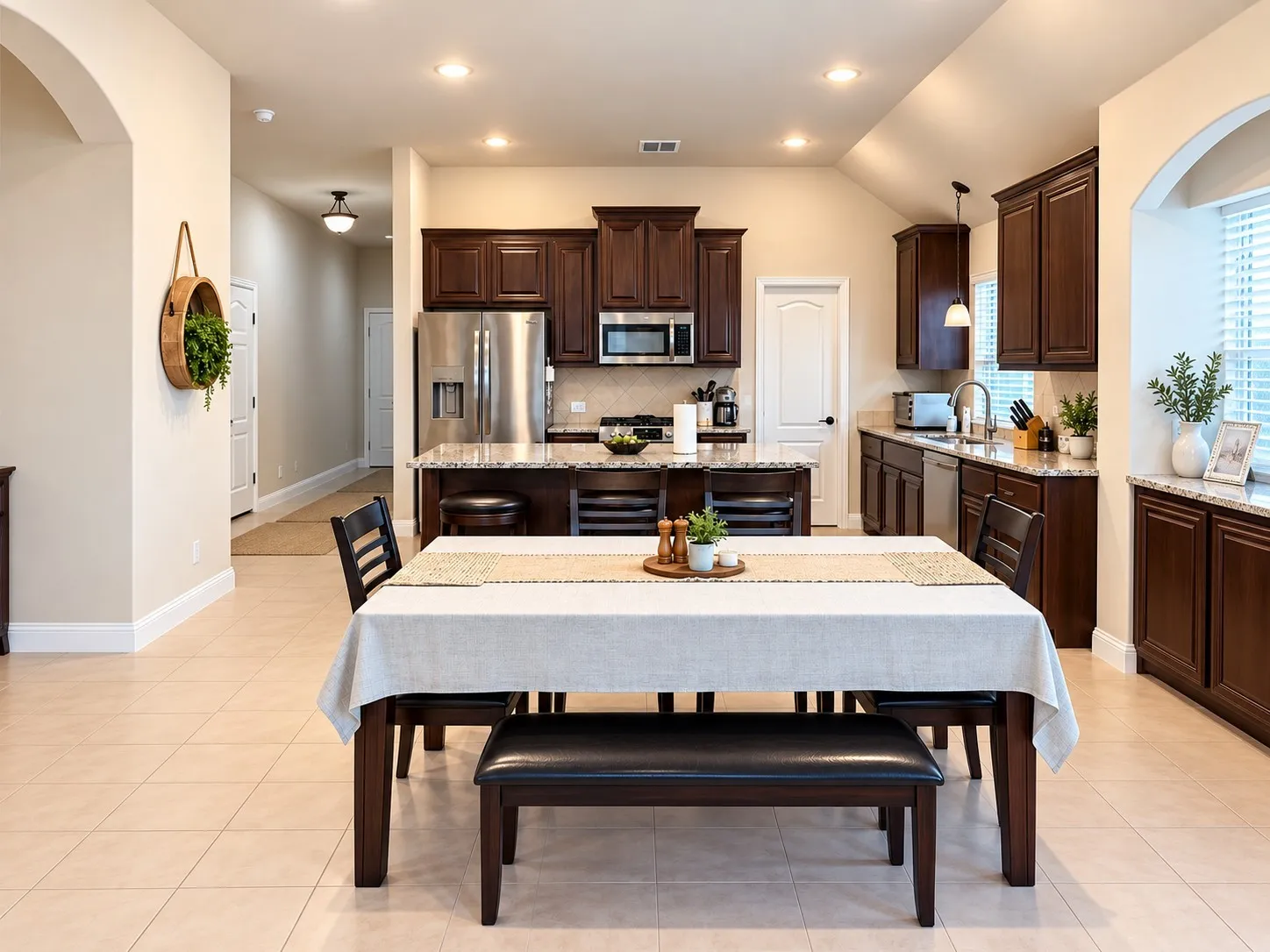 Kitchen featuring dark wood cabinetry, stainless steel appliances, granite countertops, and recessed lighting