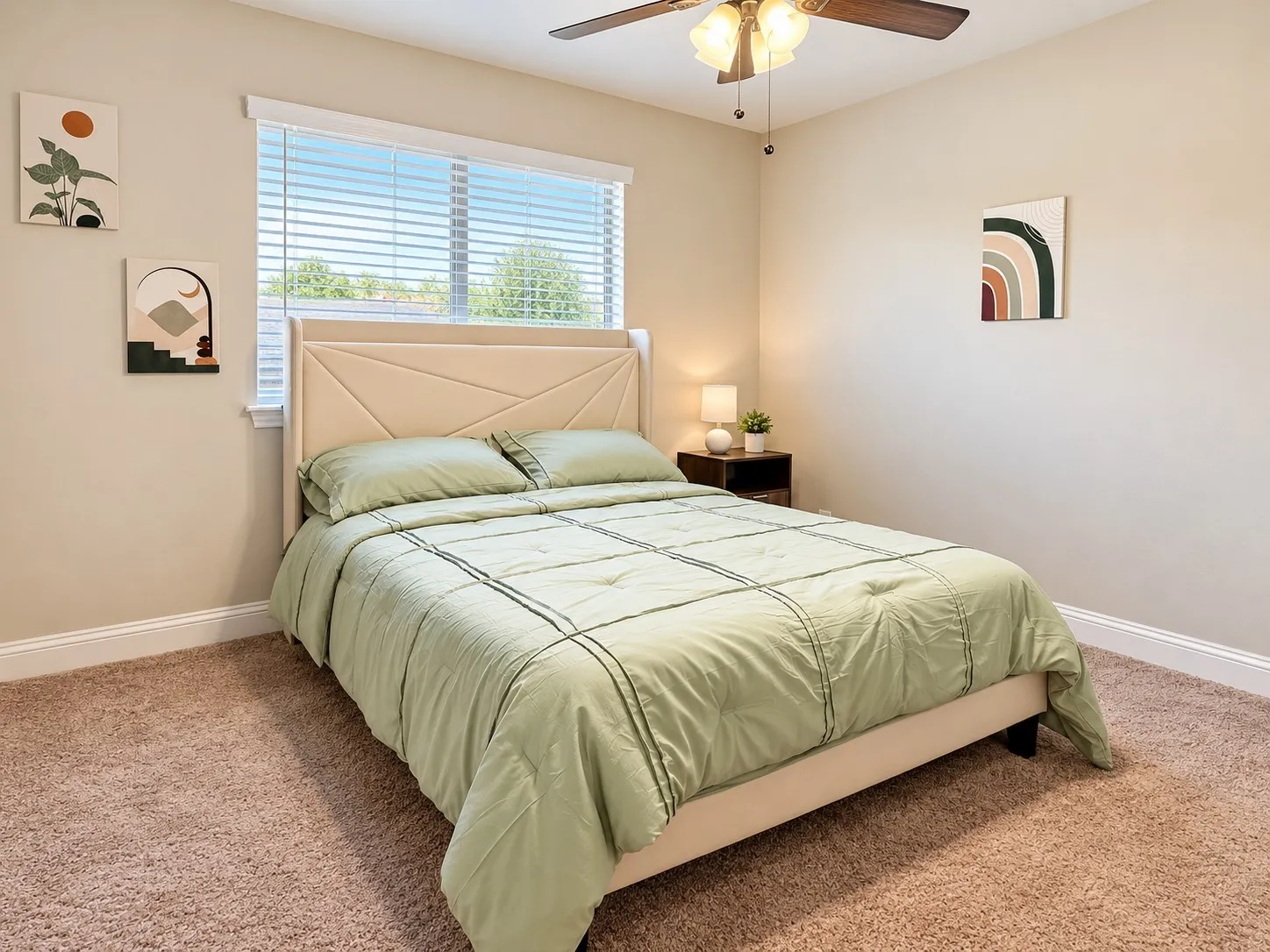 Recessed window with white blinds, neutral wall paint, and ceiling fan with integrated lighting