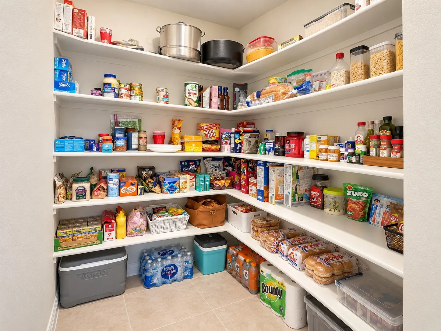 Spacious pantry with extensive built-in shelving, tile flooring, and light-toned walls