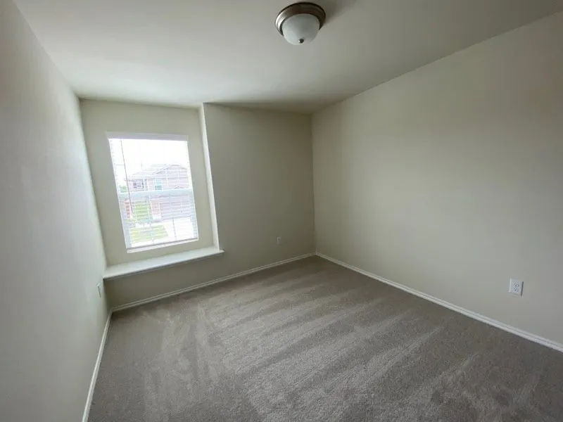 Soft grey carpeting, neutral wall finishes, recessed window with blinds, and a flush mount ceiling light fixture