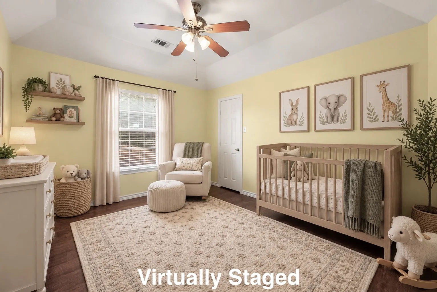 Tray ceiling with a ceiling fan, wood-finish flooring, white trim, and a window with blinds and drapes