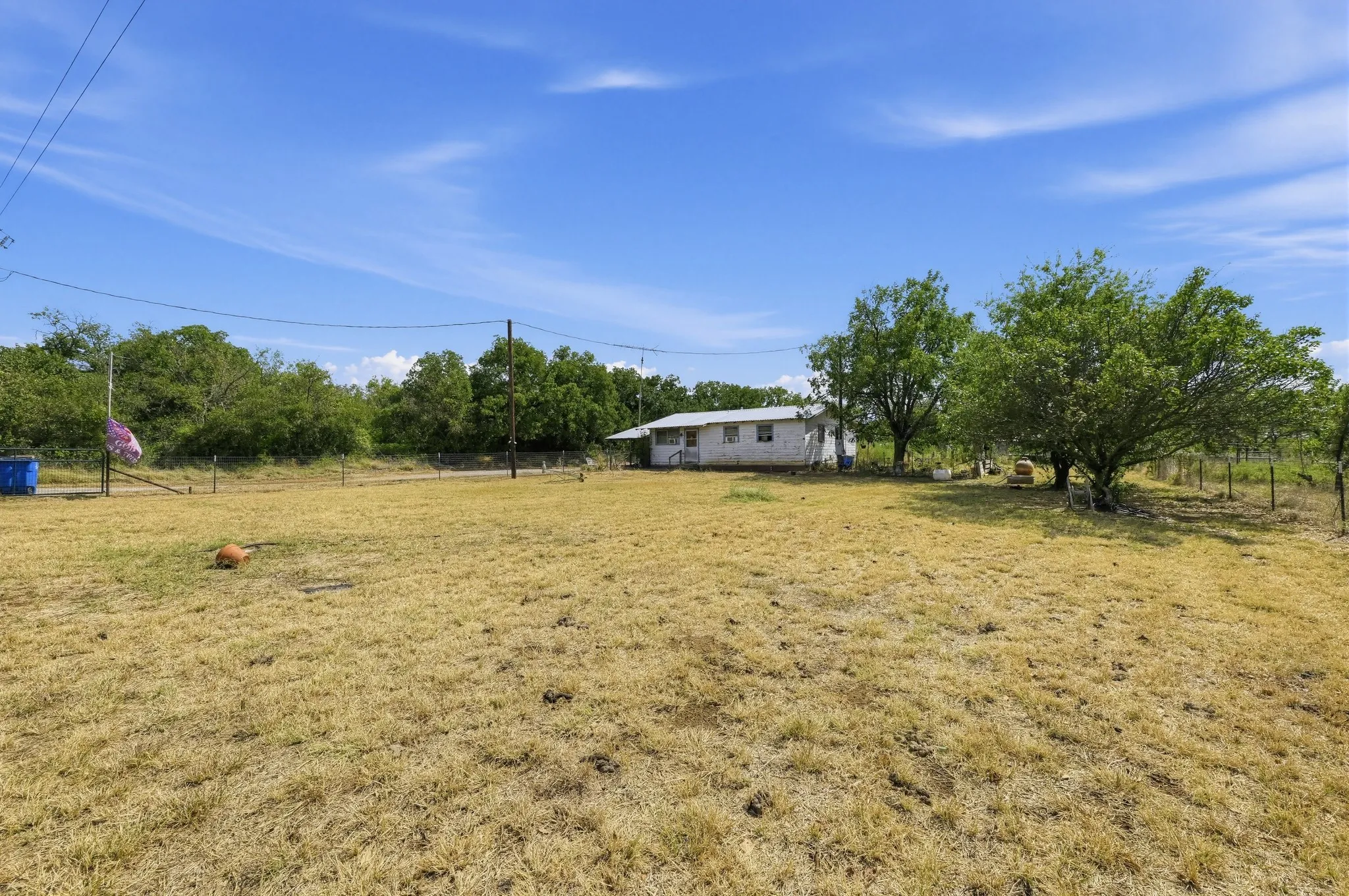 Expansive open lot with a single-story structure and mature trees