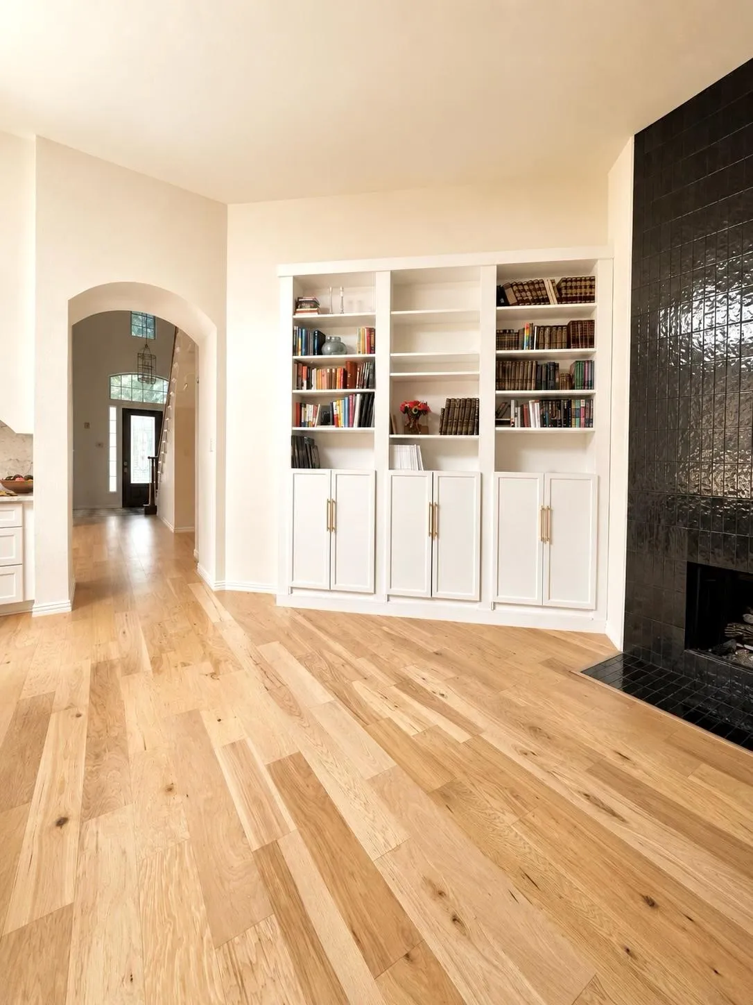family room with stunning fireplace