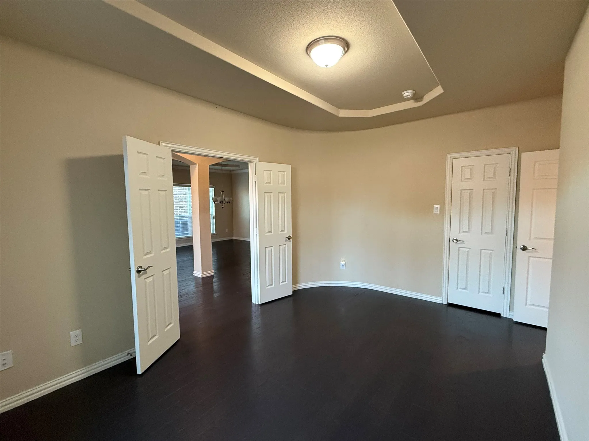 Recessed ceiling with a central fixture, dark wood-finish flooring, and white paneled doors