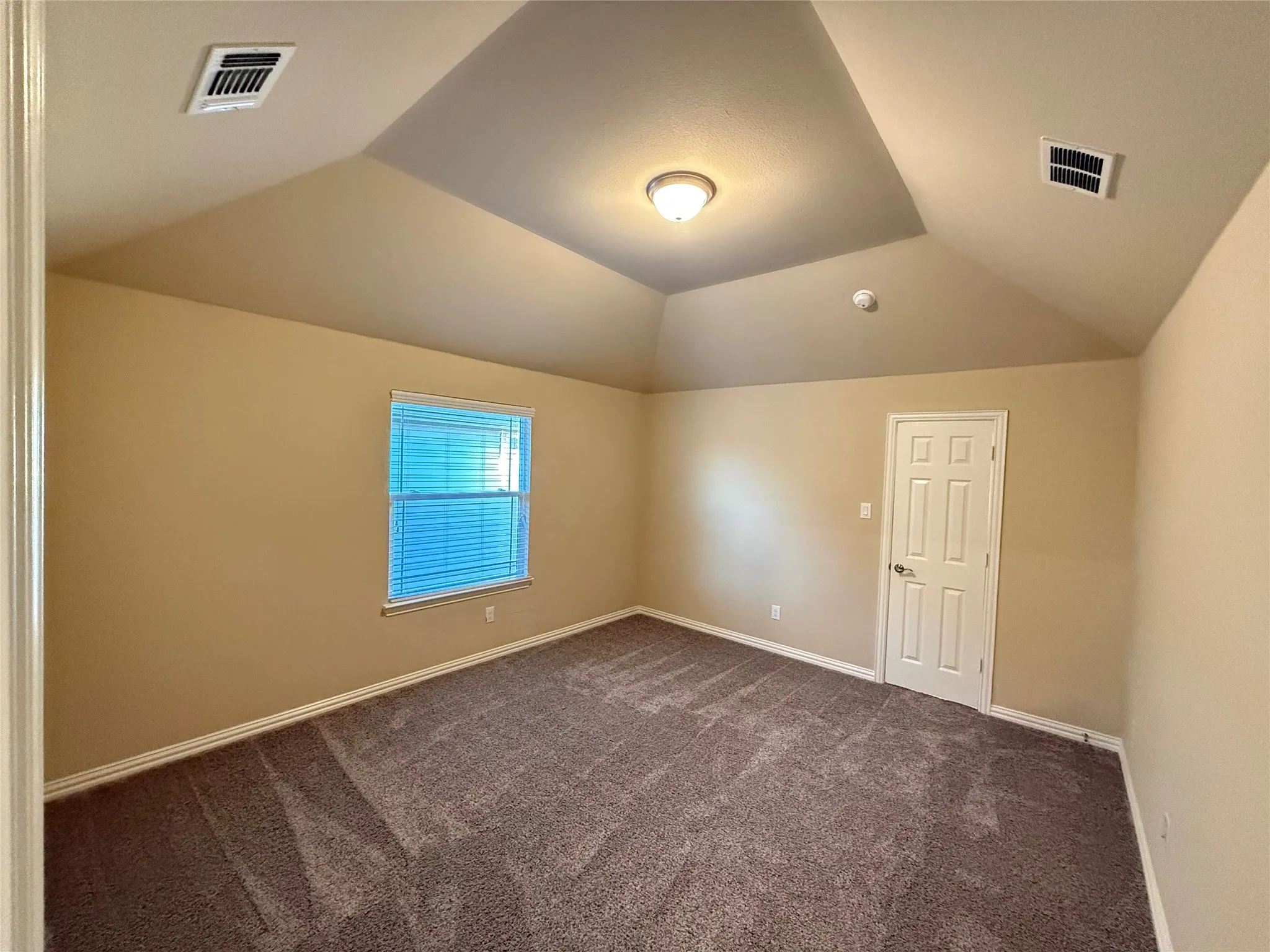 Tray ceiling with a central light fixture, wall-to-wall carpeting, window with blinds, and a paneled interior door