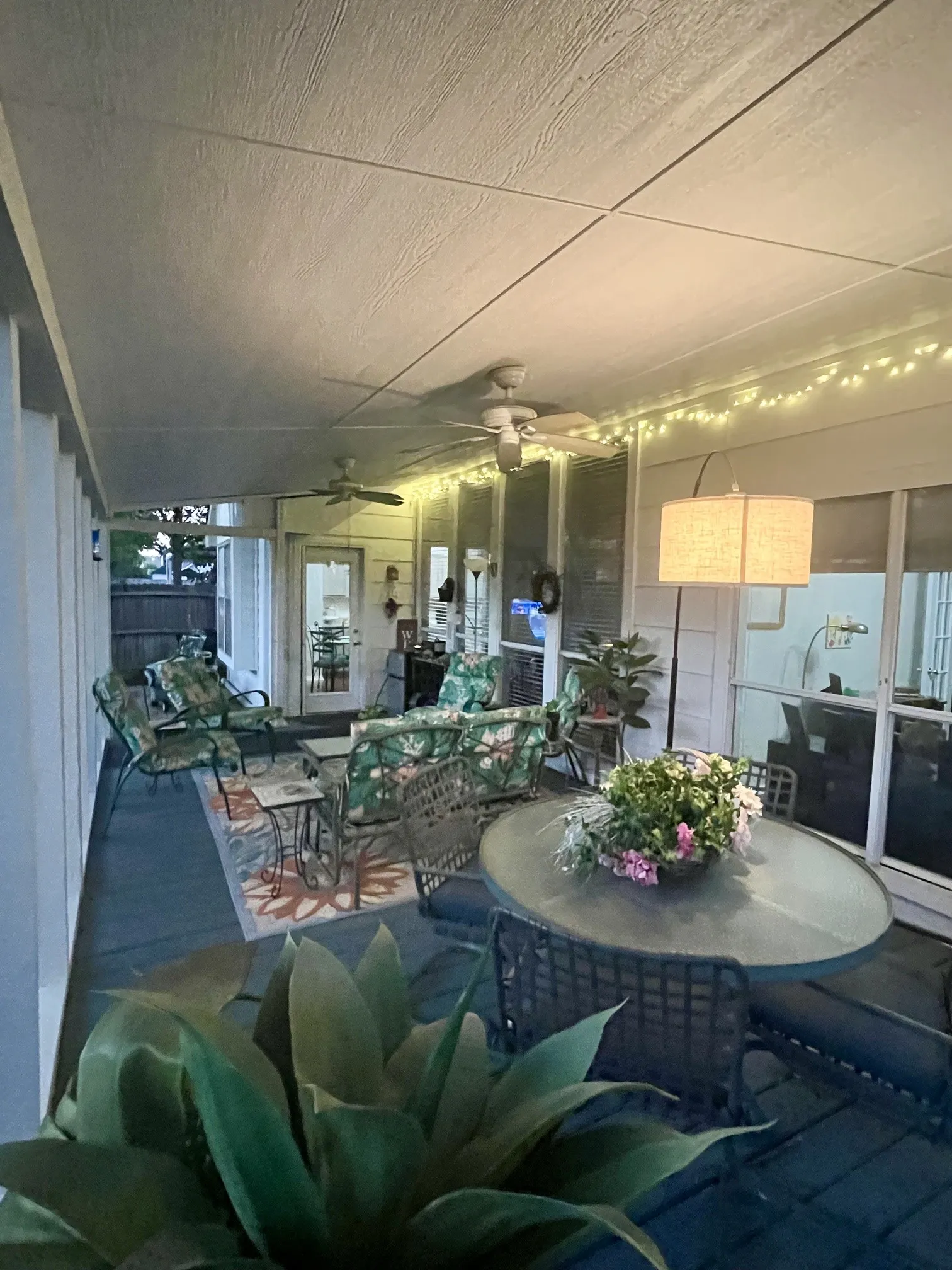 covered patio with lots of space. evening