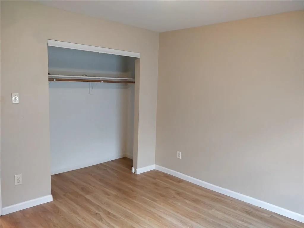 Wood-finish flooring with neutral wall tones and a built-in closet with hanging rod