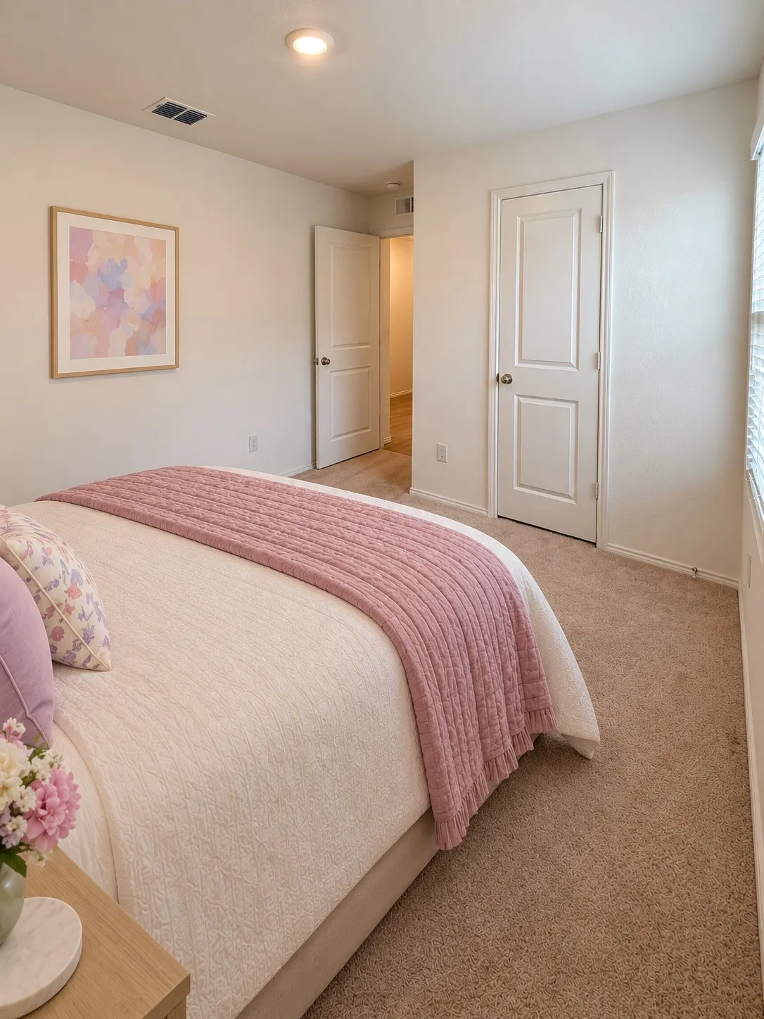 *Virtually Staged* Comfortable secondary bedroom featuring neutral carpeting, recessed lighting, a window for natural light, and a closet for storage.