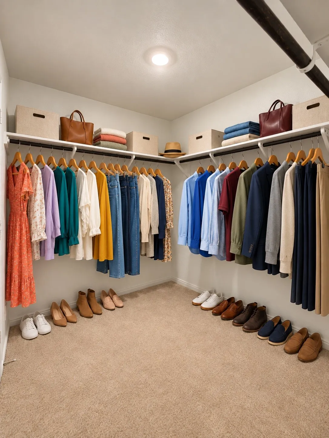 *Virtually Staged* Spacious primary walk-in closet featuring wraparound hanging rods, overhead shelving, recessed lighting, and ample storage space.