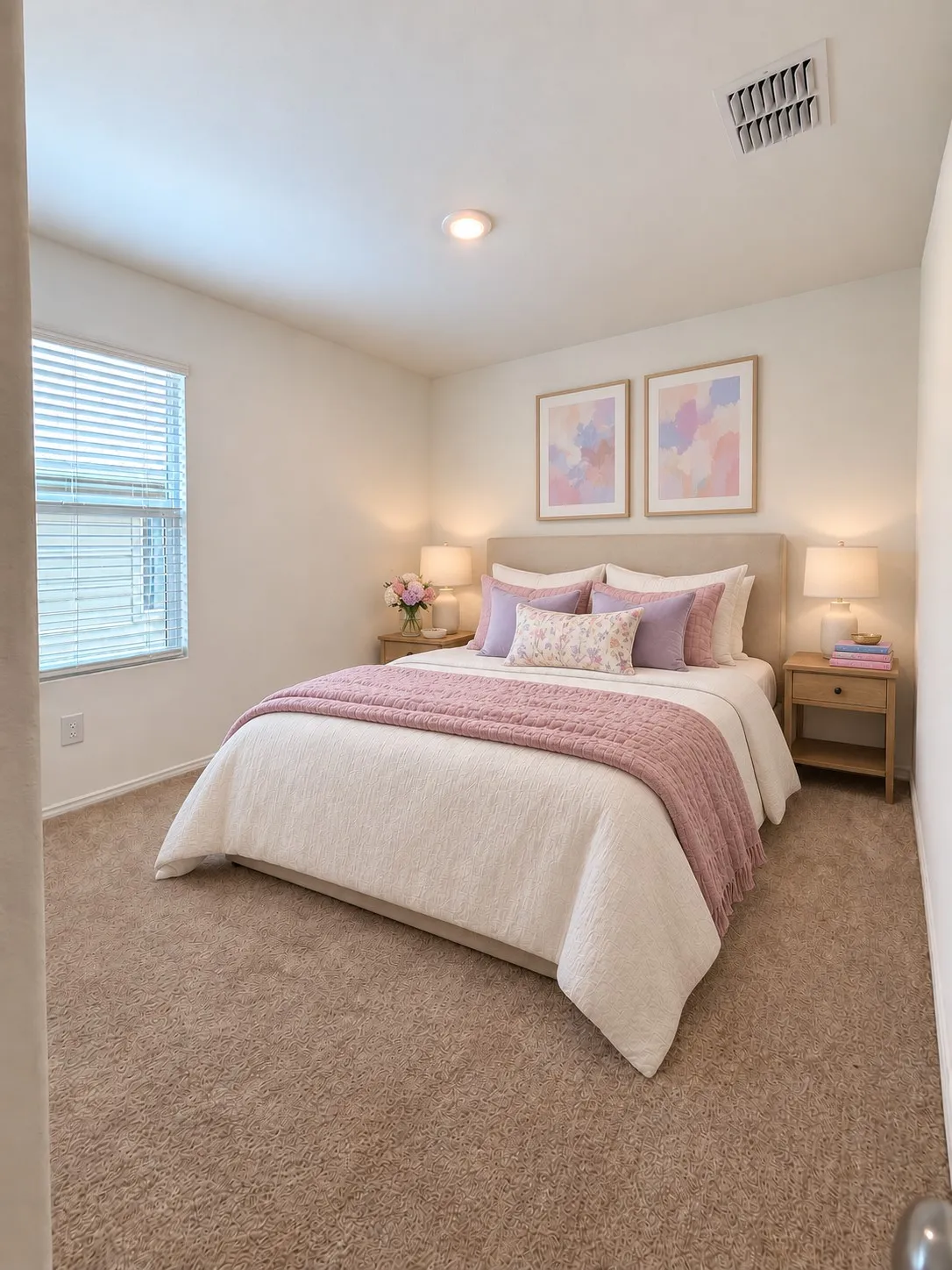 *Virtually Staged* Comfortable secondary bedroom featuring neutral carpeting, recessed lighting, and a window for natural light.