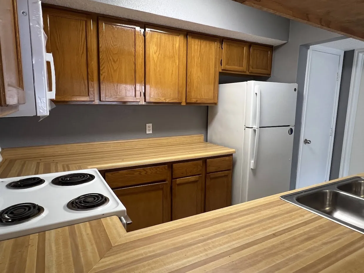 Kitchen featuring wood cabinetry, wood-finish countertops, stainless steel double-basin sink, and a white electric range