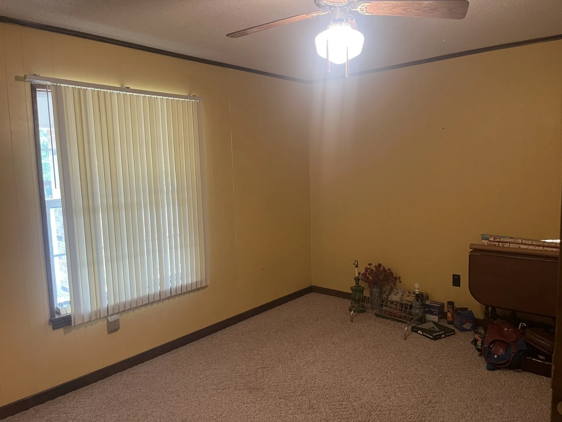 Interior room featuring carpet flooring, a window with vertical blinds, and a ceiling fan with light fixture