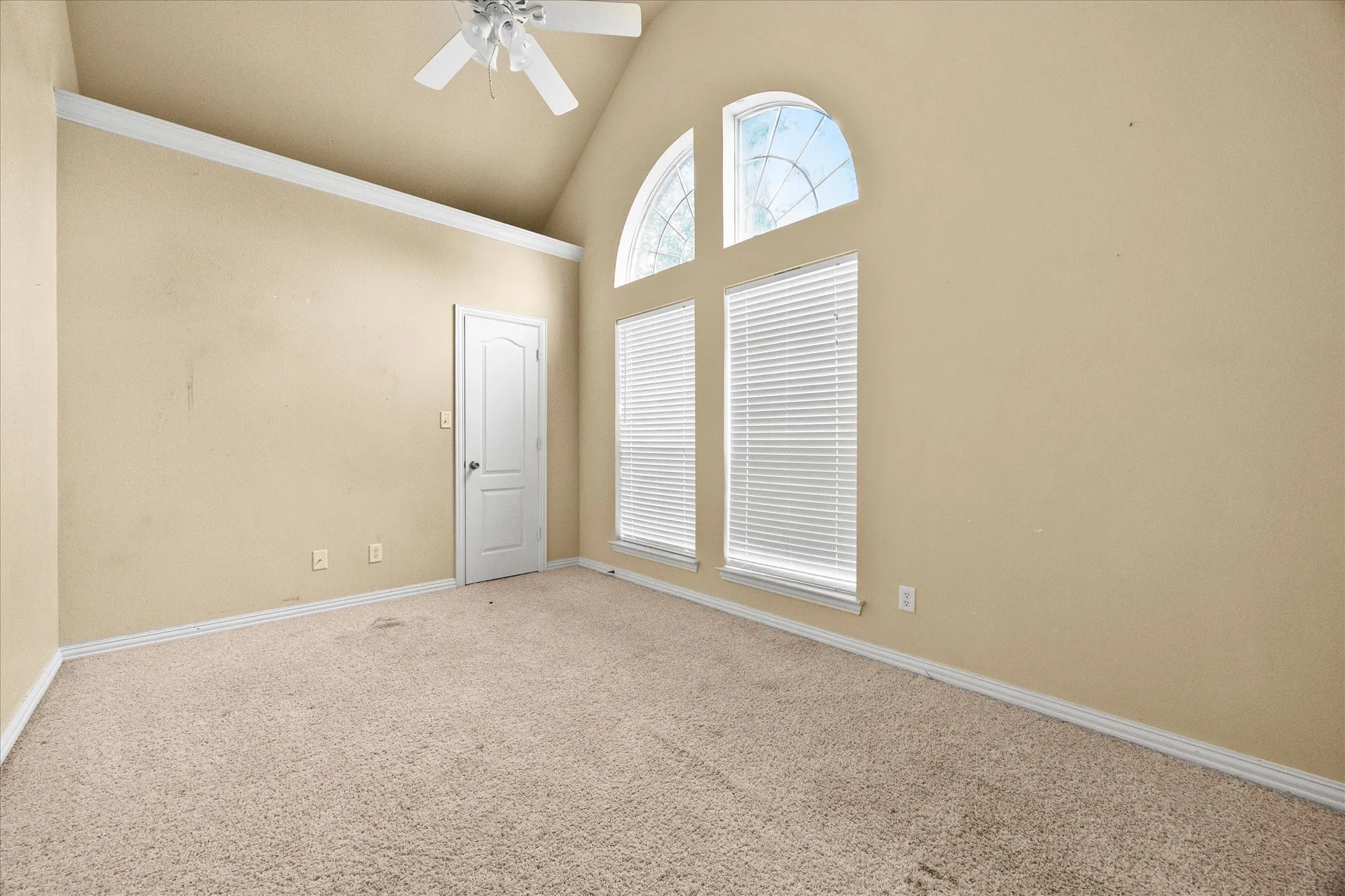 Vaulted ceiling with a ceiling fan, arched transom window, two vertical windows with blinds, and carpet flooring