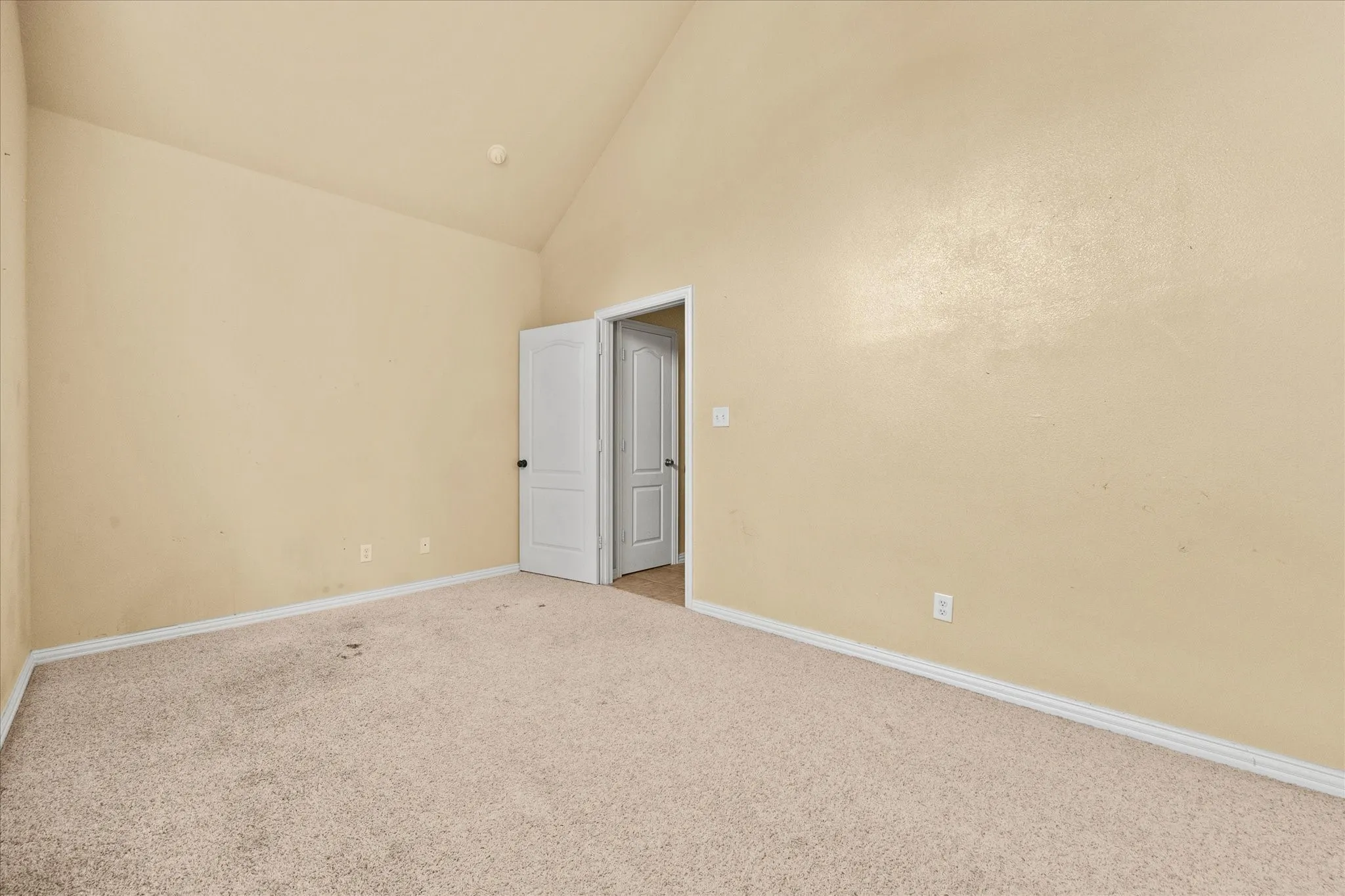 Vaulted ceiling with a neutral wall color, carpet flooring, and white trim