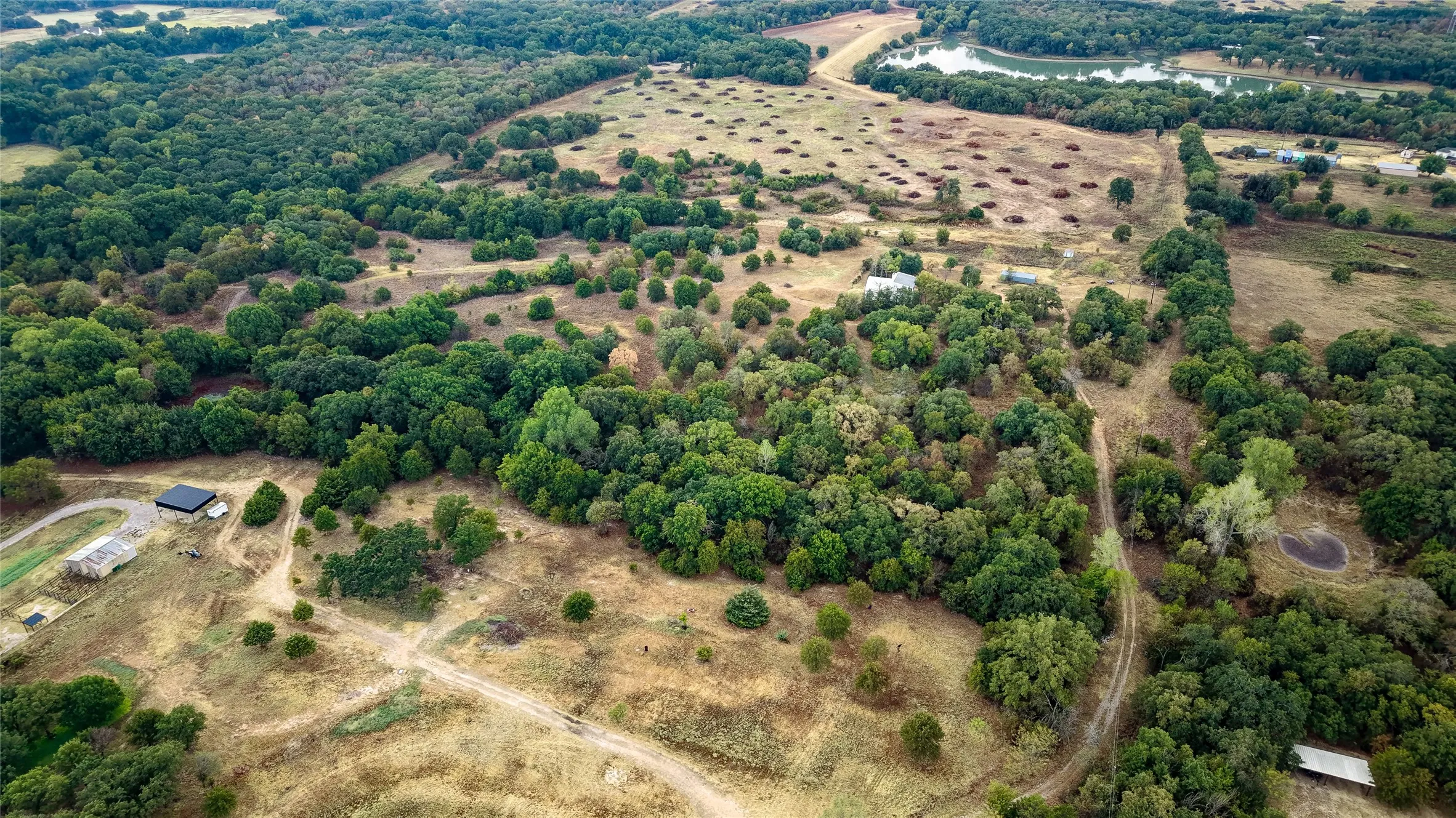 Expansive acreage featuring mature trees, a natural pond, and a large body of water