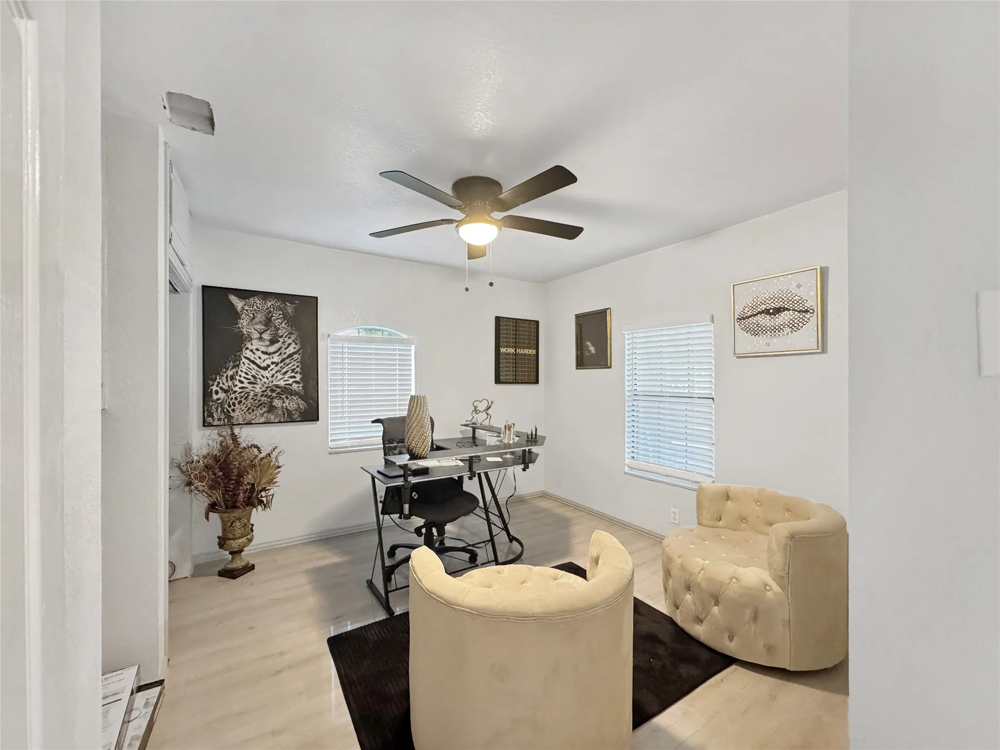 Recessed lighting, ceiling fan, wood-finish flooring, white walls, and window with blinds