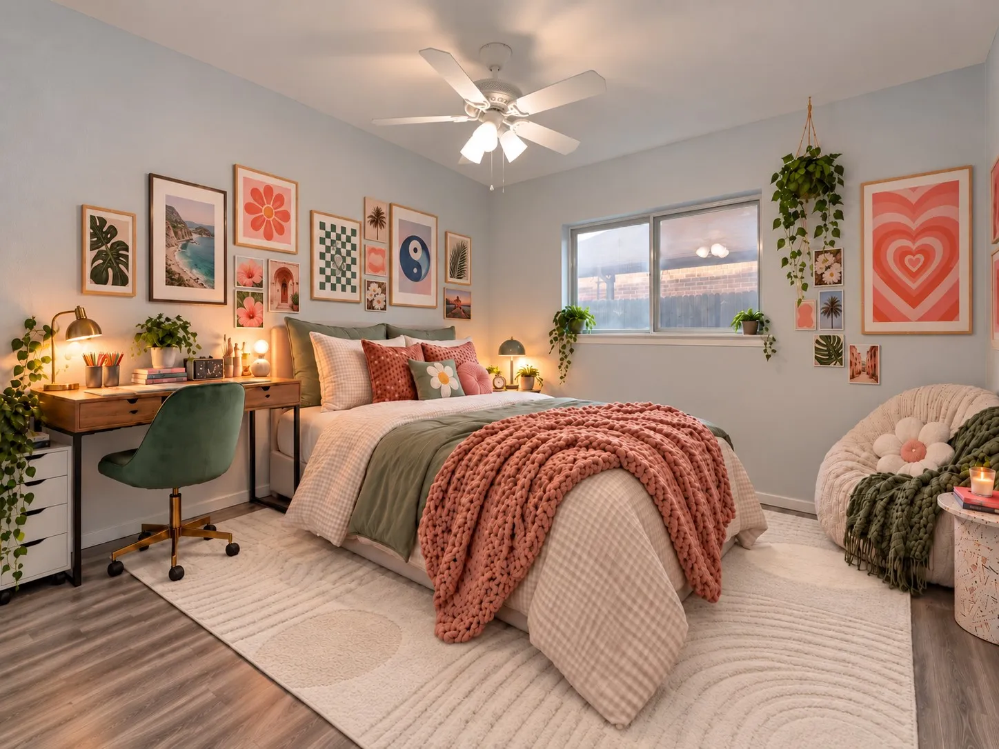 Secondary bedroom: Bedroom with ceiling fan, wood-look plank flooring, and window overlooking the backyard. Virtually staged.