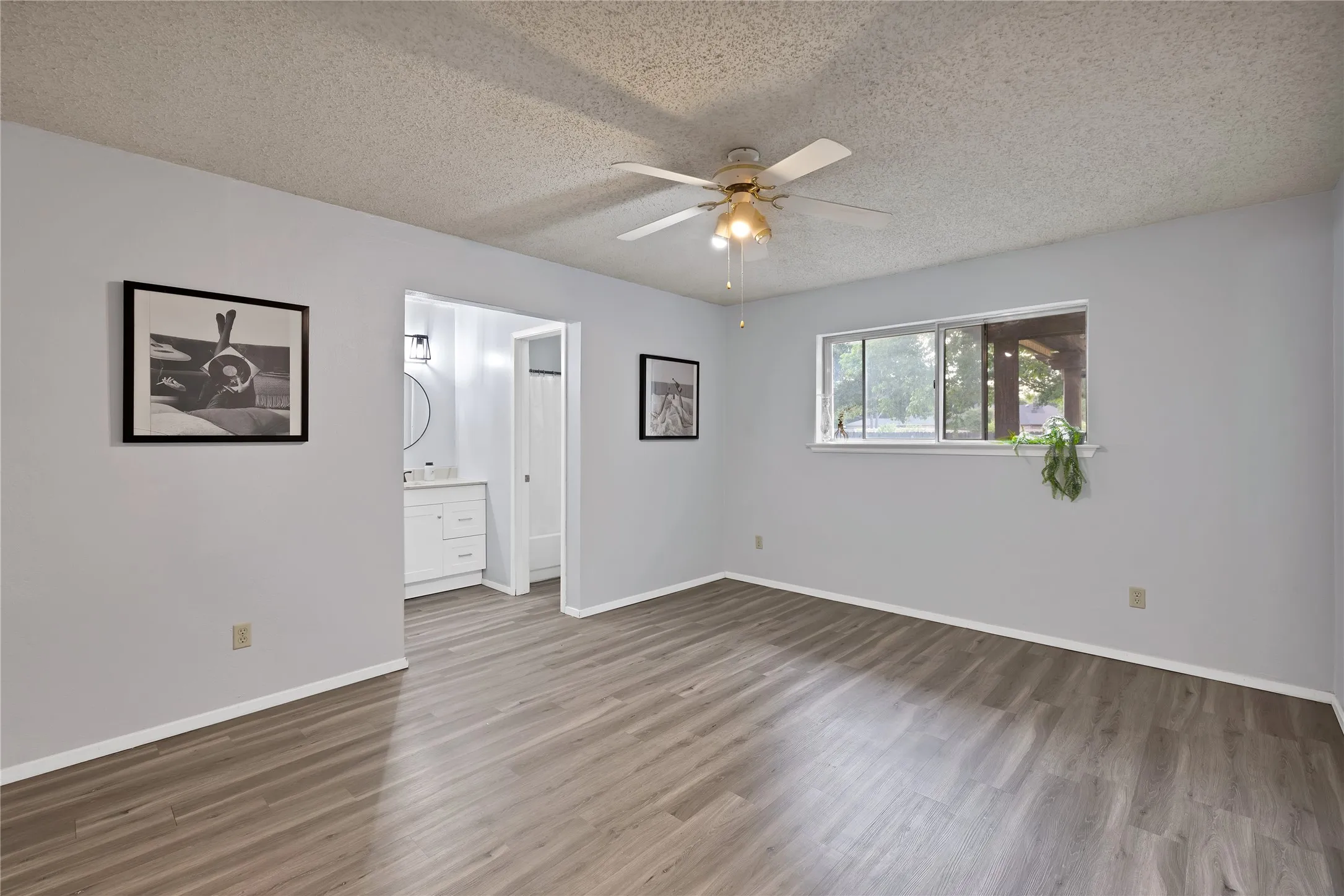 Primary bedroom: Primary bedroom with ceiling fan, wood-look plank flooring, and ensuite bath with white shaker vanity and black cage vanity light.