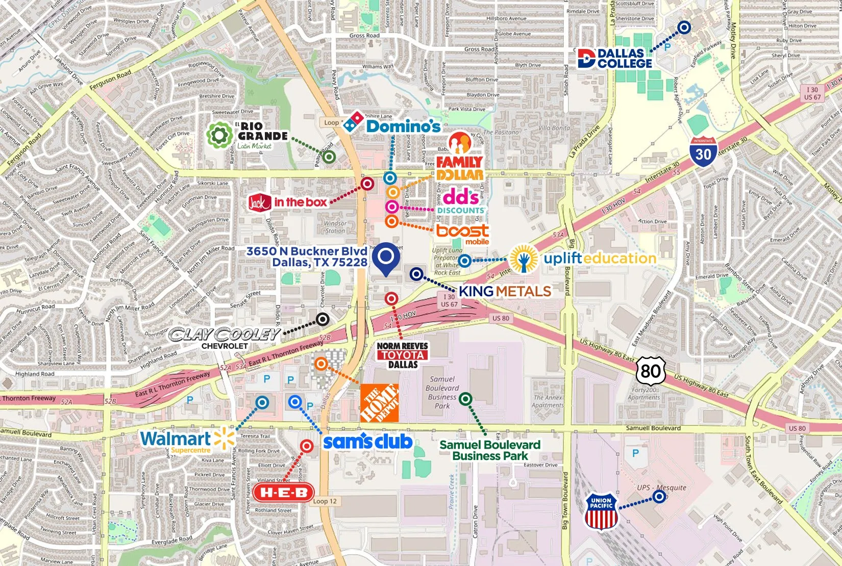 Location Map. Depicting the geographical position of the property at 3650 N Buckner Blvd, Dallas, TX 75228, and highlighting various surrounding establishments