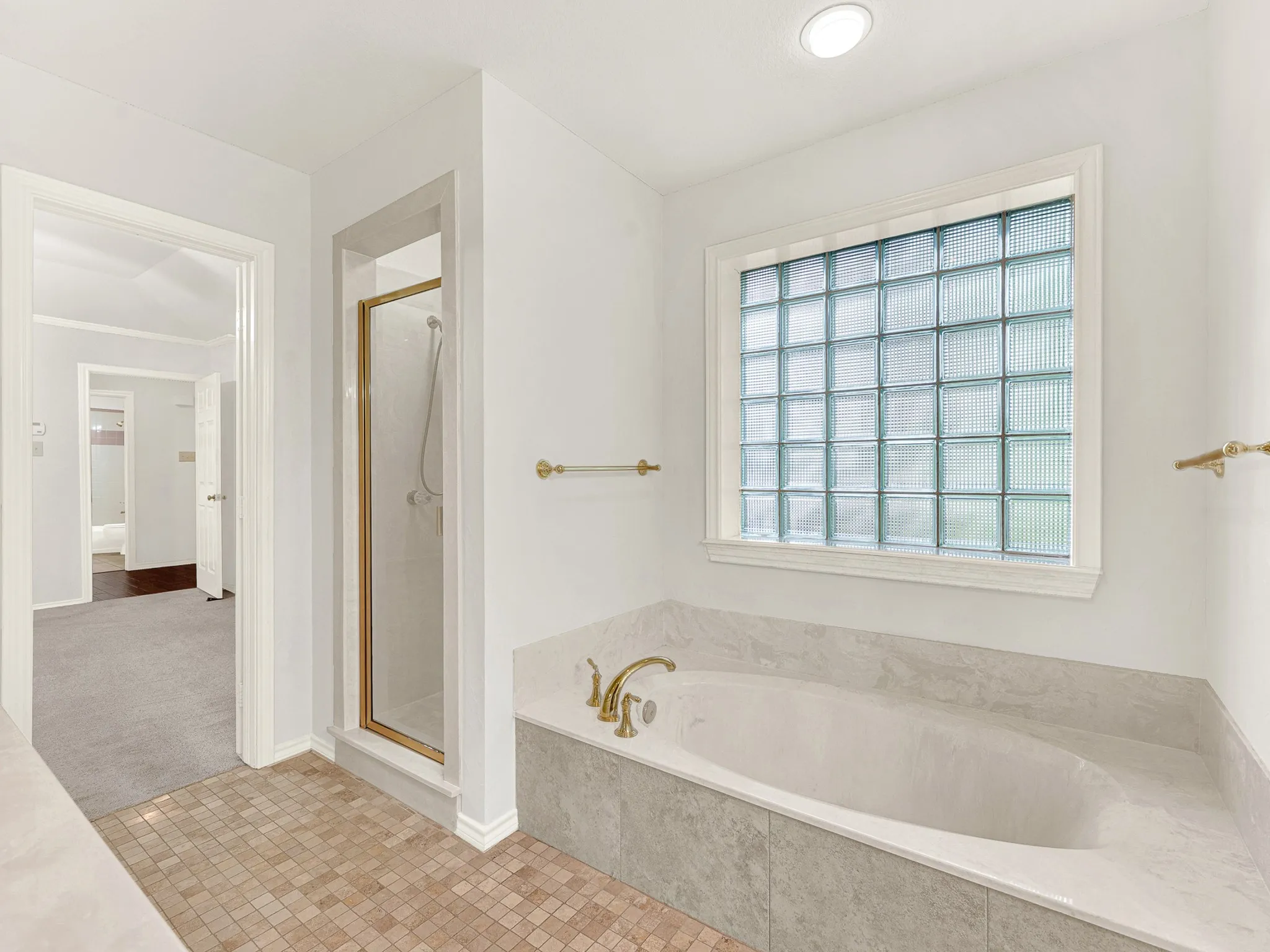 Primary bathroom with separate tub and walk-in shower