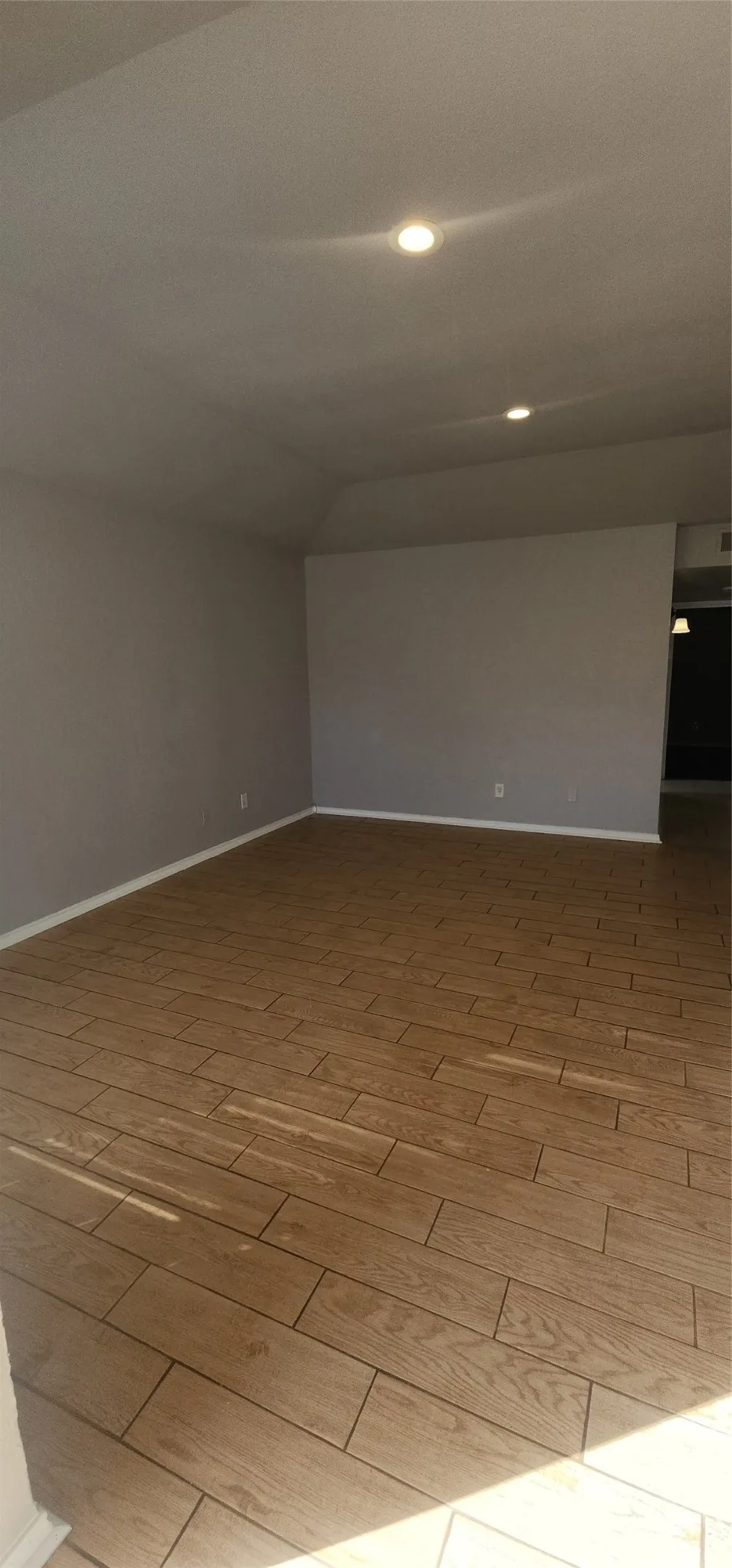 Recessed ceiling lighting, wood-finish flooring, and crisp white trim