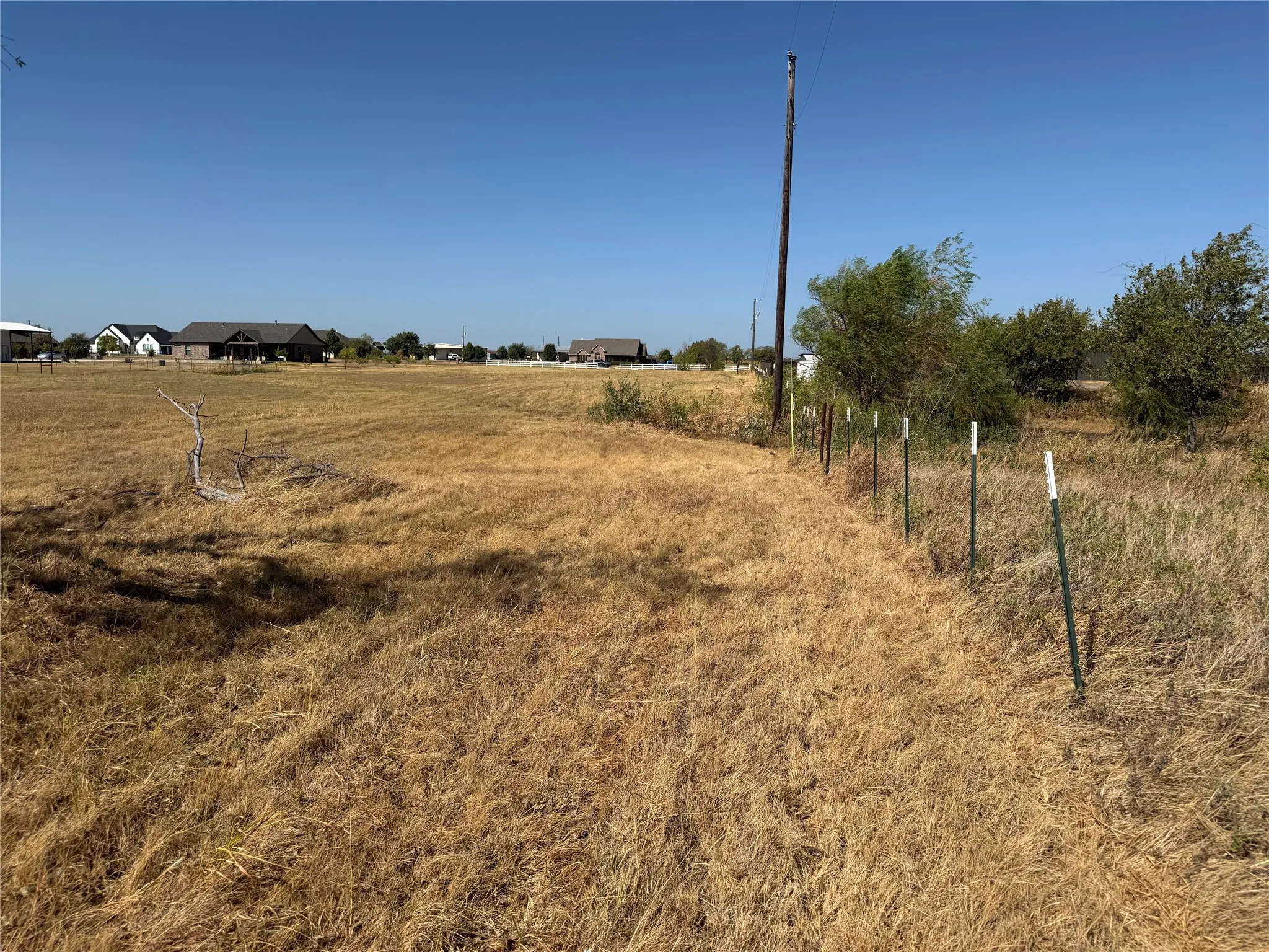Expansive undeveloped land featuring a partial fence line and mature trees